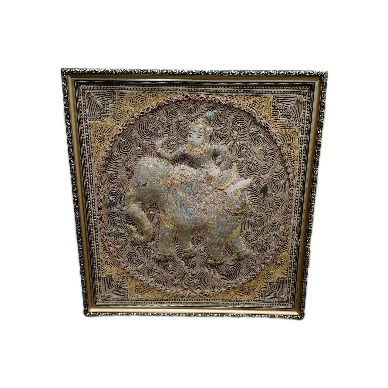 Vintage MCM Burmese Kalaga Thai Framed Tapestry 22X21in