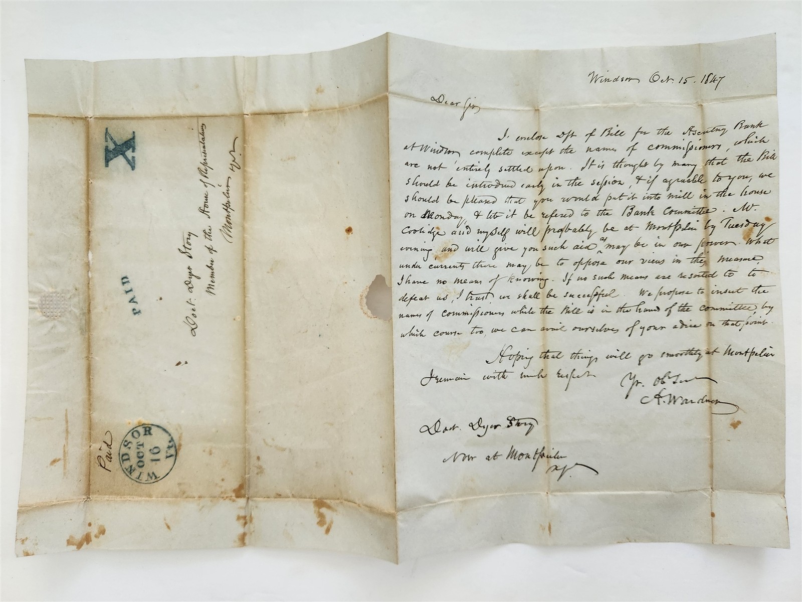 1847 antique LETTER windsor vt A. WARDNER montpelier Doct DYER STORY legislature