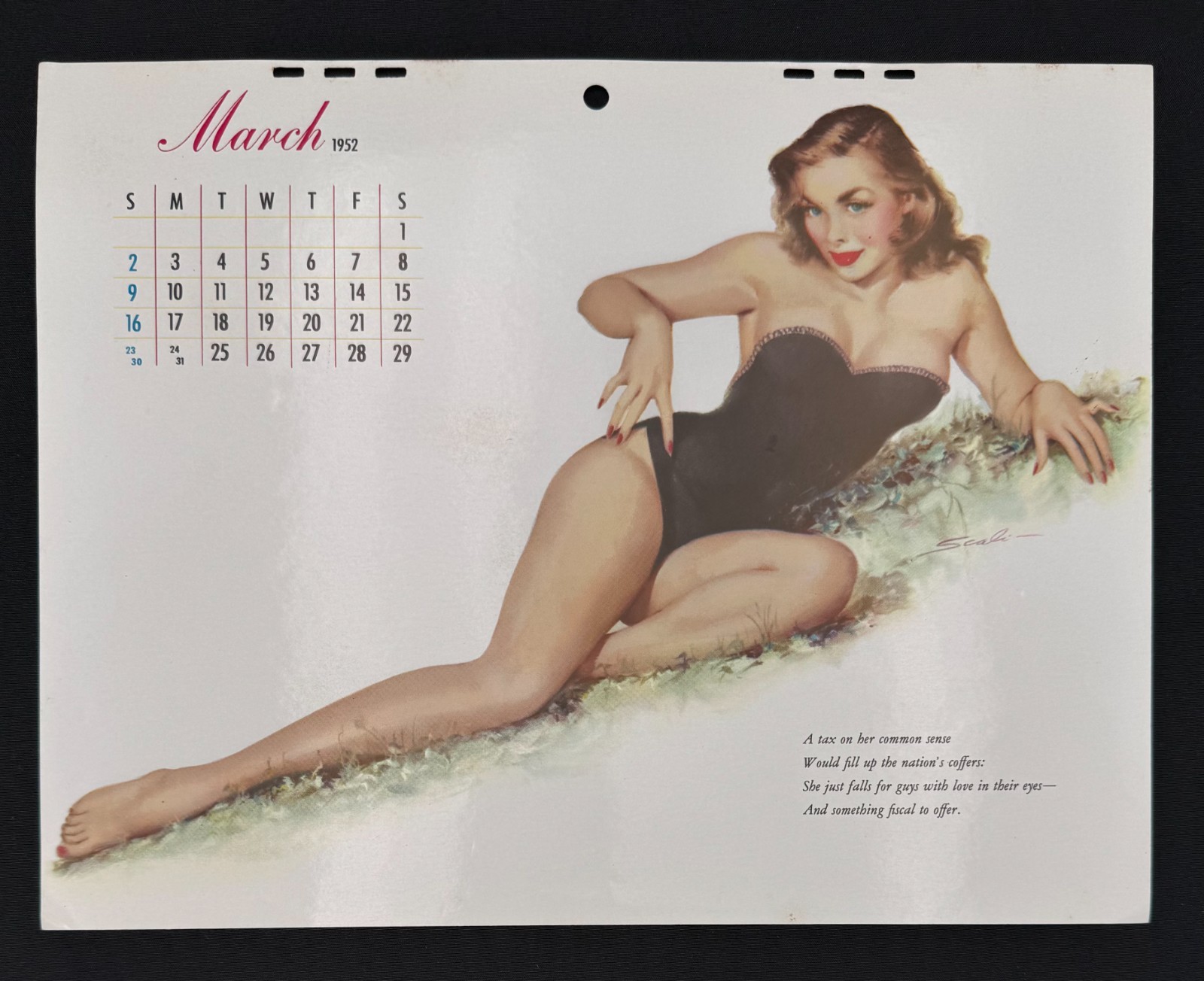 1952 Esquire Pin Up Calendar March Mauro Scali Original Vintage 8.25 x 11