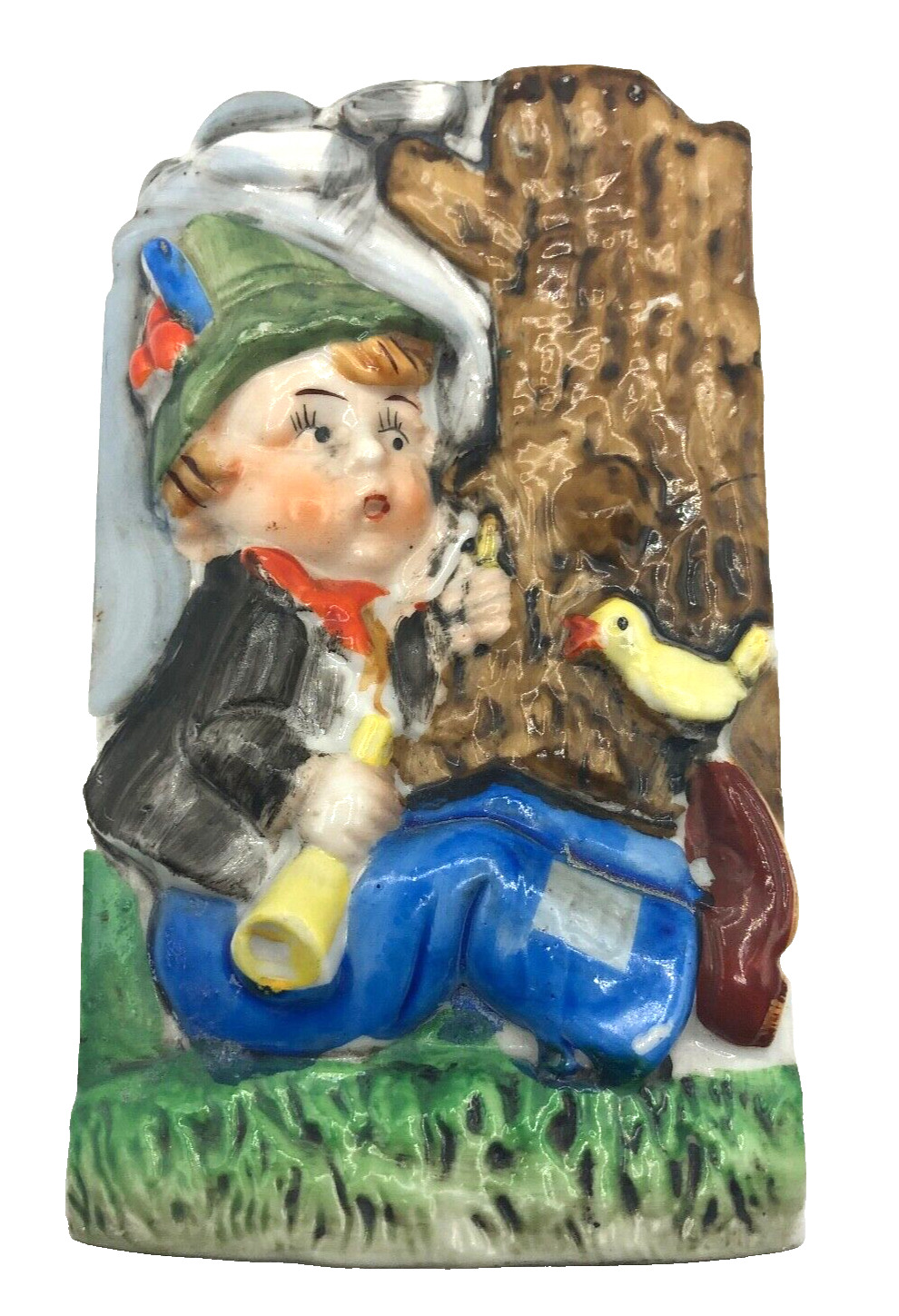 Vintage Wall Pocket Boy Sitting By Tree Bird Porcelain Japan 5.25 x 3.25