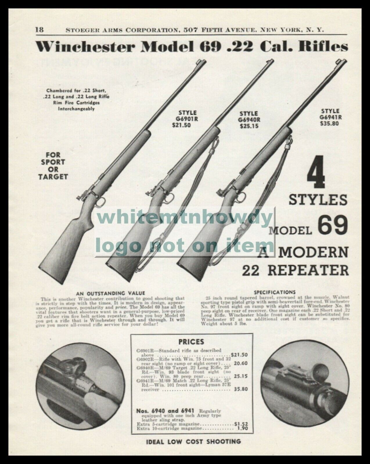 1948 WINCHESTER Model 69 G6901R, G6940R, G6941R Rifle PRINT AD w/original prices