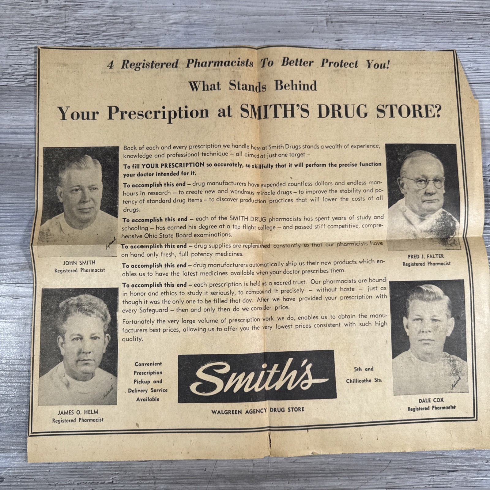 Vintage Smith’s Drug Store Print Advertisement Portsmouth OH 1950s Pharmacy