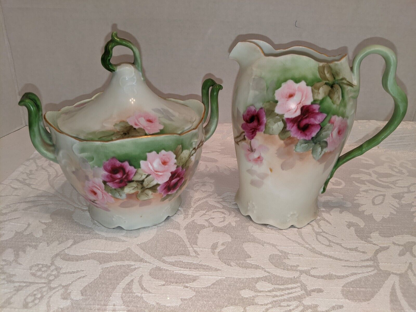 Antique Rosenthal Iris Cream & Covered Sugar Set c1891-1906 Pink Cabbage Roses