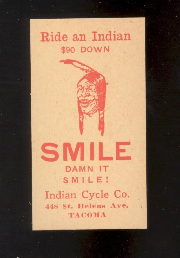 Indian Motorcycle Tacoma WA Vintage Advertising Card Ride an Indian $90 Down