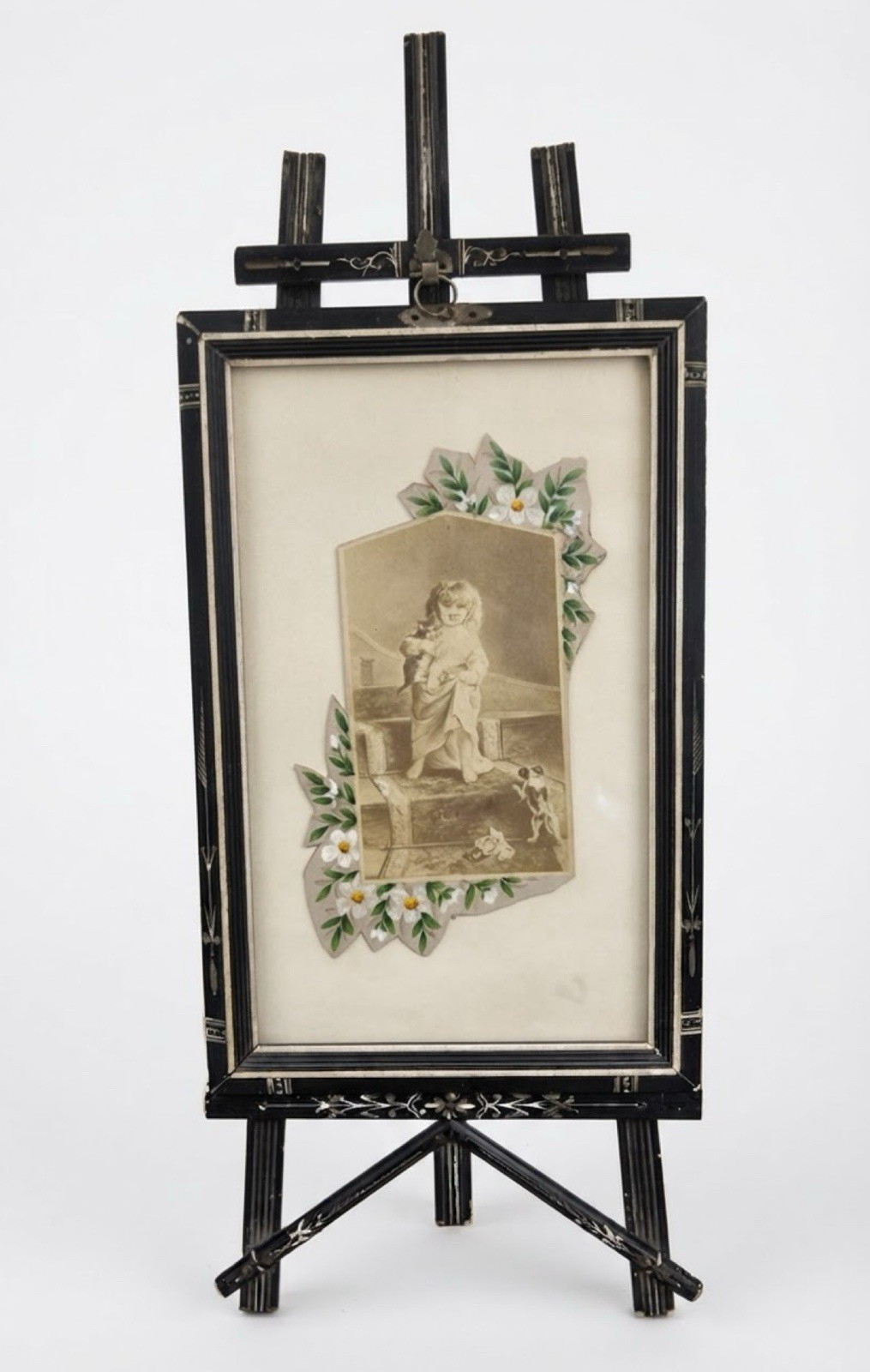 Antique c.1850 Victorian Hand Painted Black Lacquer Easel Picture Frame 19” Tall