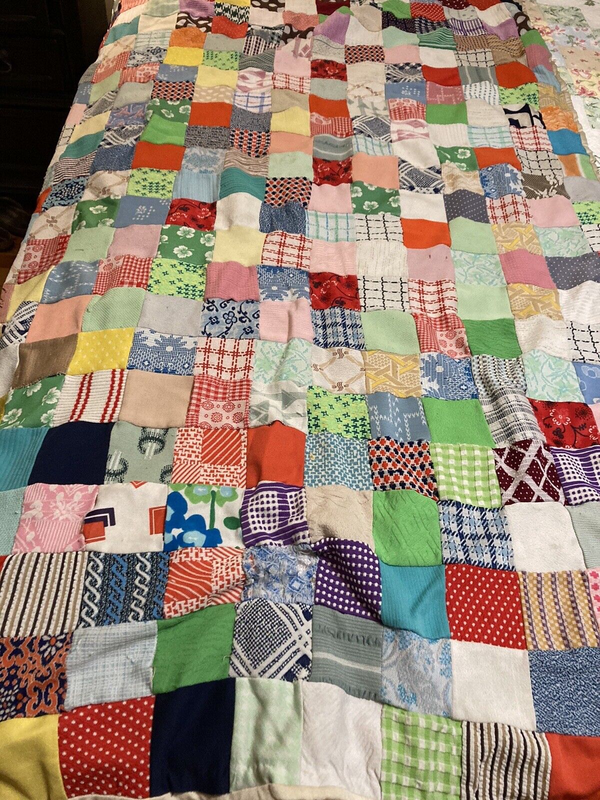 Vintage 40-50’s Handmade Colorful Cotton Patchwork Cutters Baby Quilt 34” X 60”