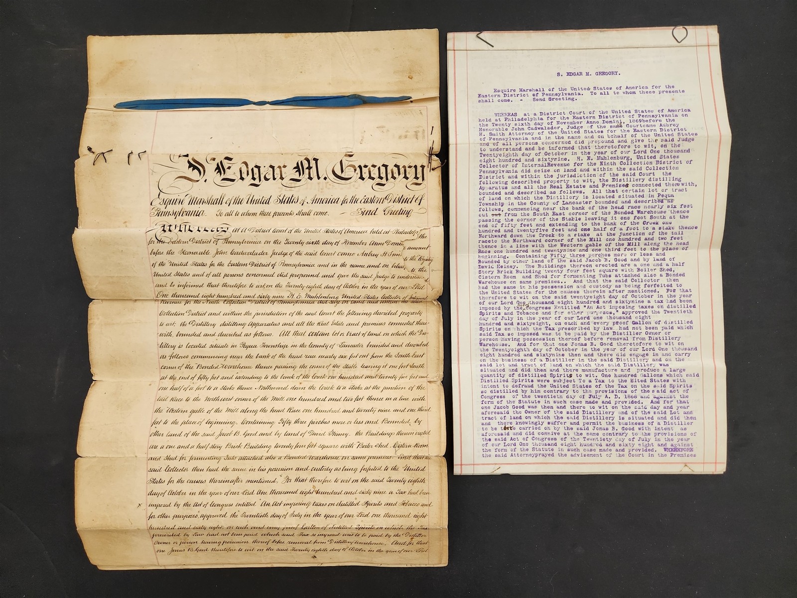 1869 antique LEGAL DOC pequea pa DISTILLERY BLDG APPARATUS own JONAS GOOD forfei