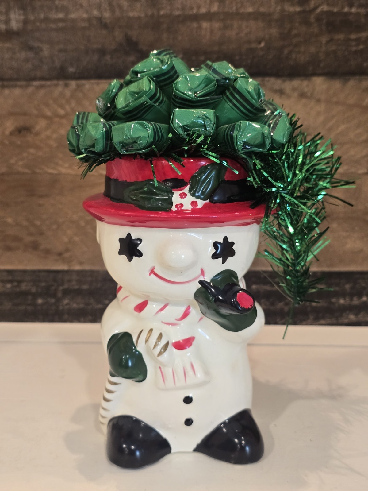 Vintage Japan Christmas Starry Eyed Snowman with Pipe Ceramic Planter HTF 1970s