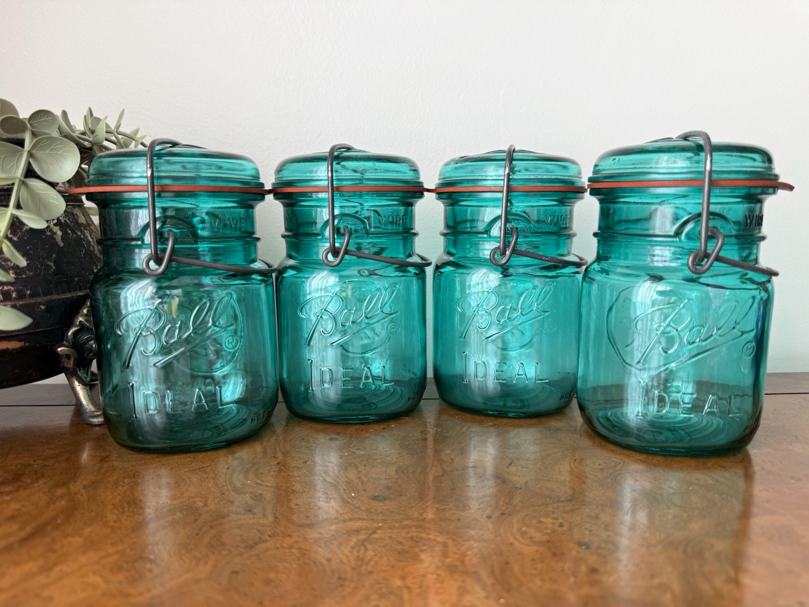 Vintage Ball Ideal Blue Glass Jar Set of 4 with Wire Bale Lids Eagle Centennial