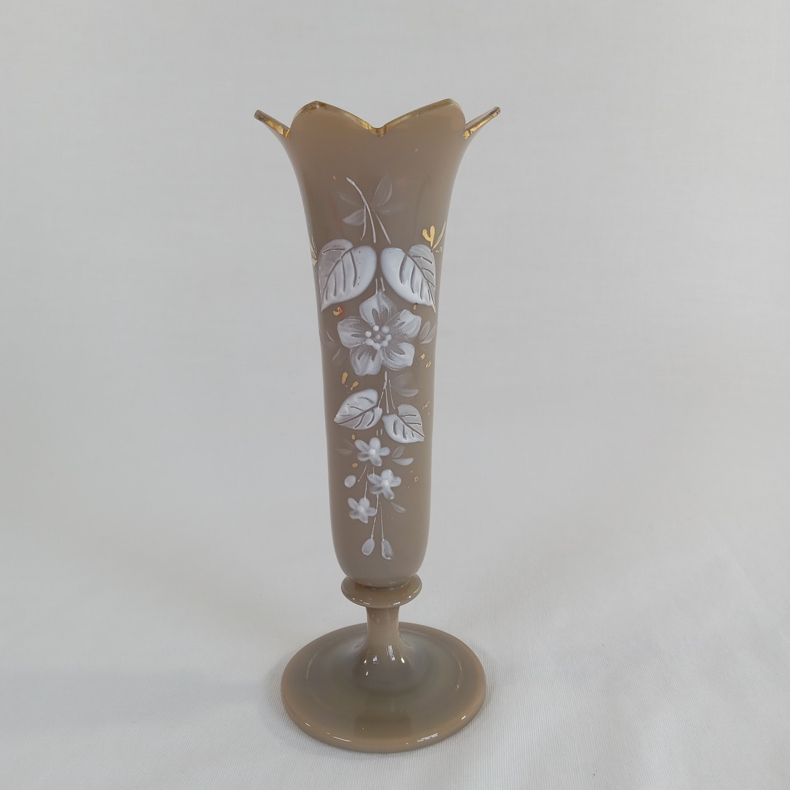 Vintage Bristol Glass Vase Hand Painted Floral Gold Trim Petal Rim Tan Brown