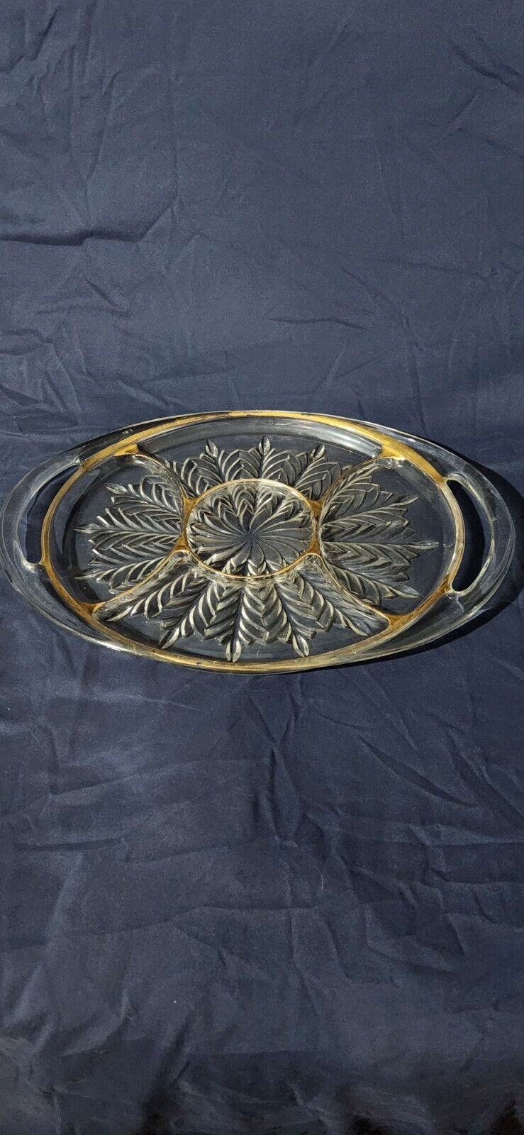 Jeanette Feather Gold Trim 5 Section Handled Relish Tray Clear Glass Vintage