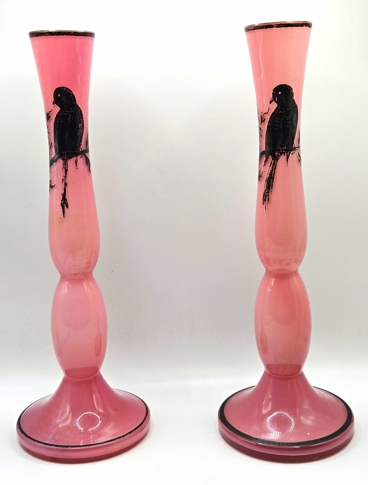Vintage Czech Art Deco Pink Glass Kralik Vases Pair Marked Czechoslovakia Parrot Vintage Czech Art Deco Pink Glass Kralik Vases Pair Marked Czechoslovakia Parrot