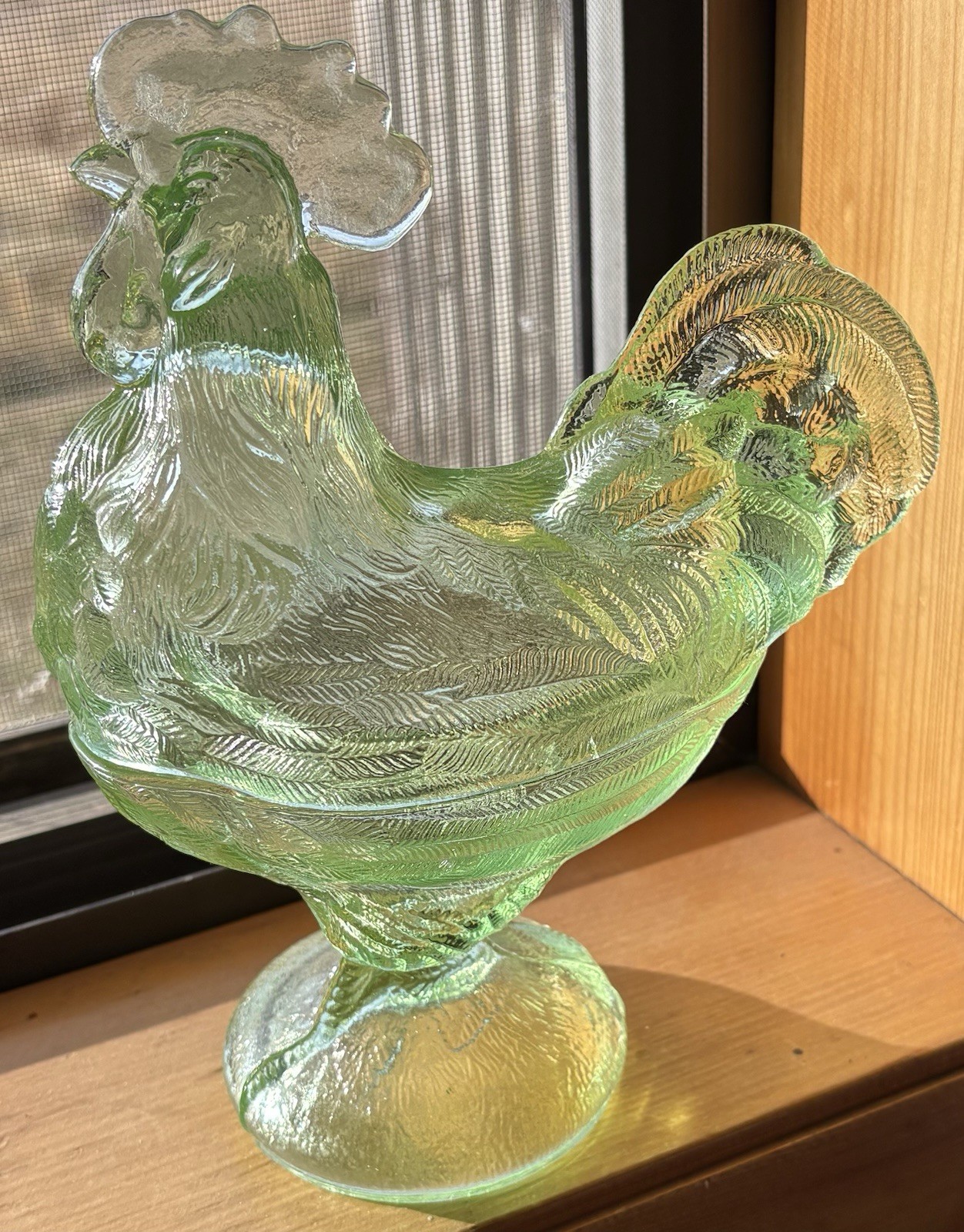 Vintage Light Green Glass Rooster on Nest Covered Dish Pedestal Chicken 8\
