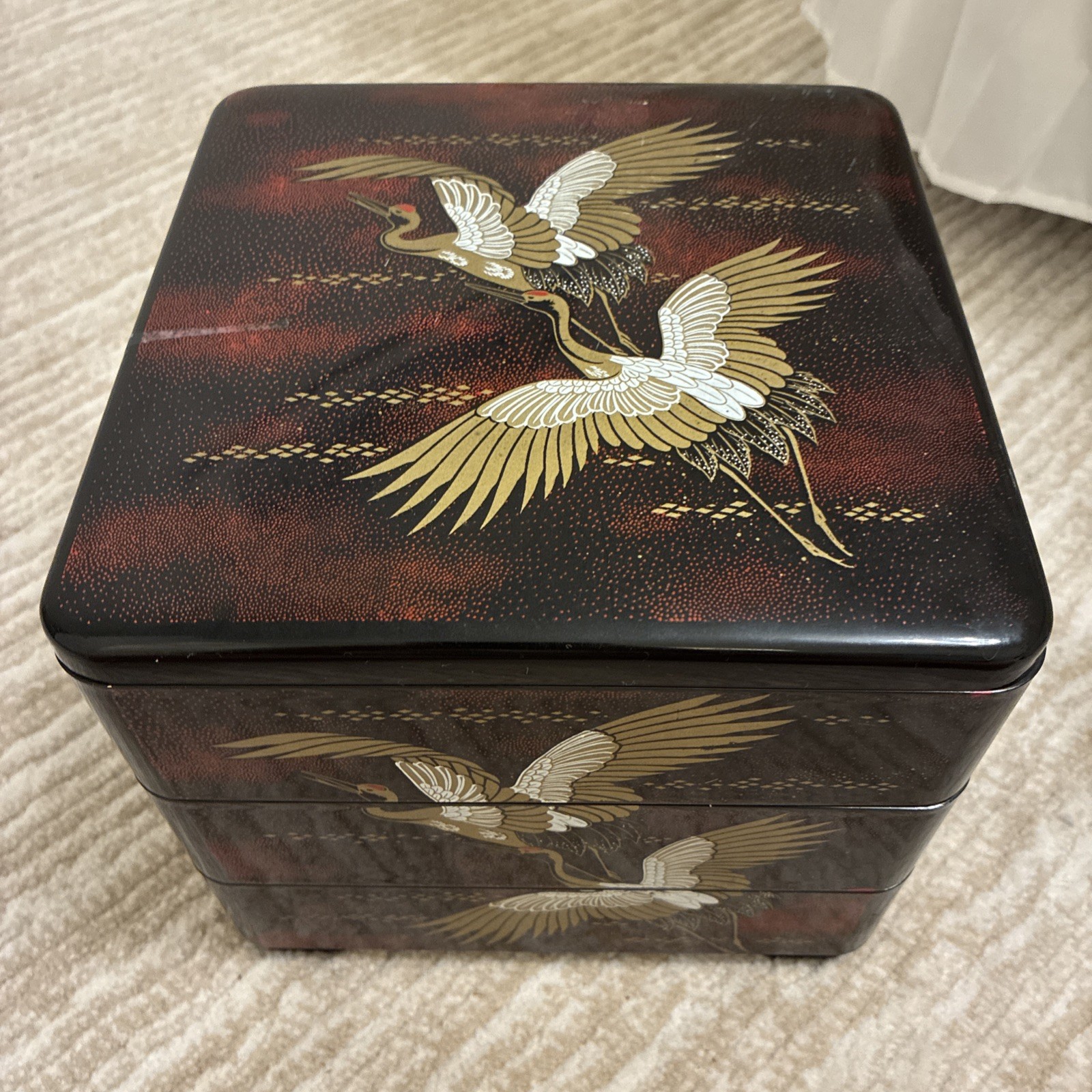 Jubako Bento Box Lacquer Crane Gold Japanese Three-Tiered Black Craft Vintage