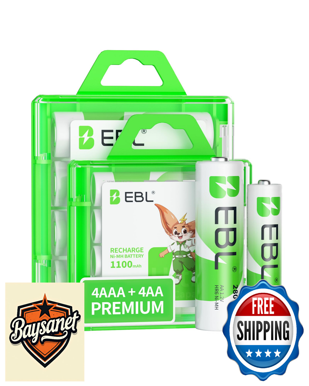 EBL AA 2800mAh & AAA 1100mAh Ni-Mh Rechargeable Batteries Combo 4+4 Pack