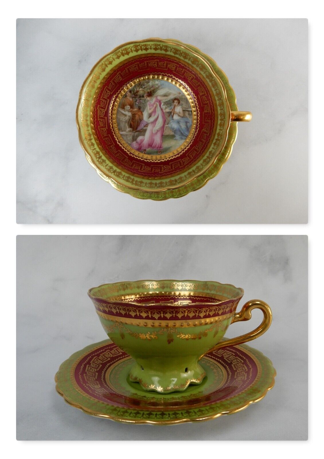 Antique Royal Vienna Porcelain Demitasse Cup & Saucer Green and Burgundy Red