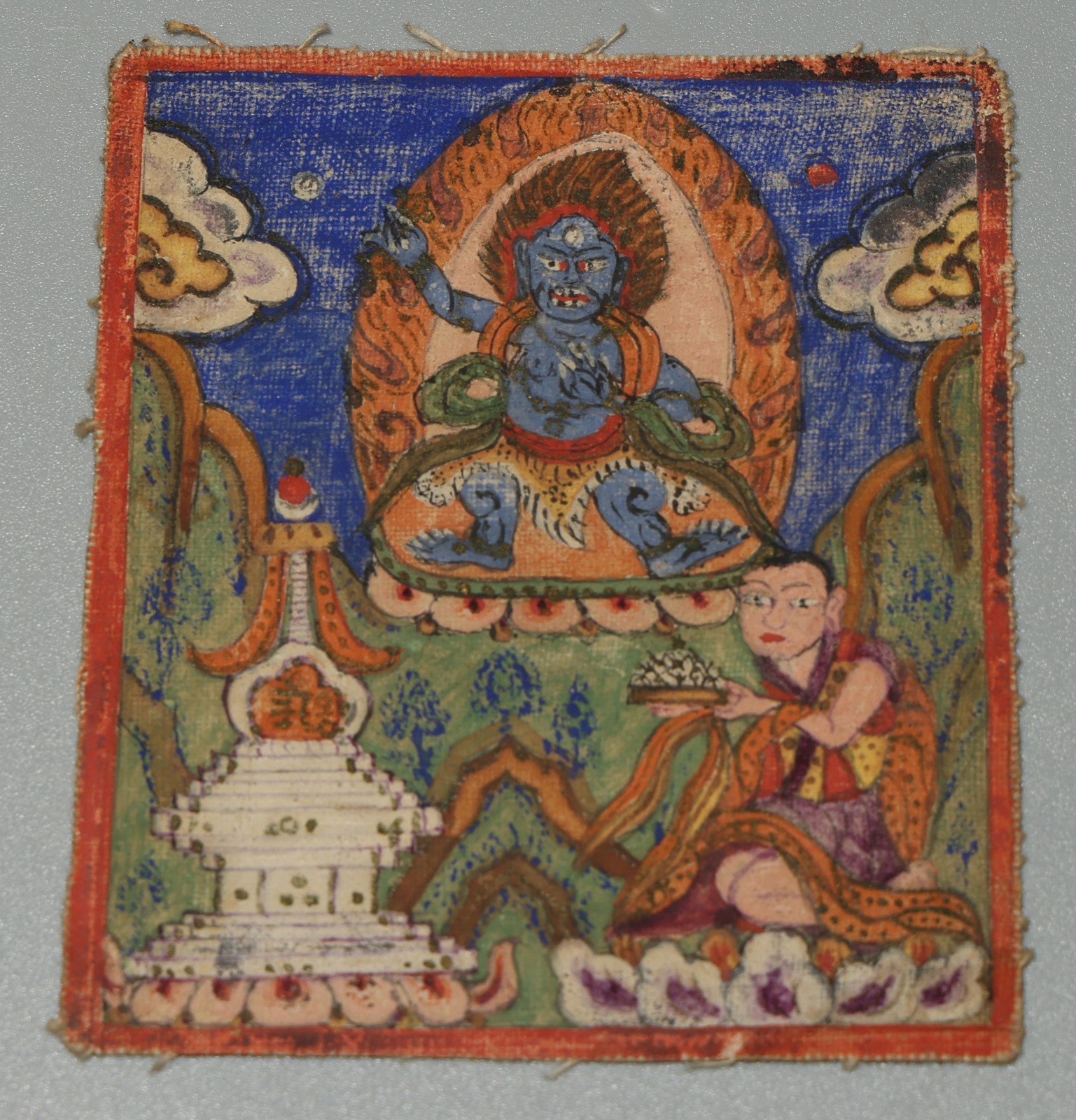 Real Tibet Old Cotton Tsaklis Thangka Vajrapani Chakna Dorje Stupa Donor/Patron