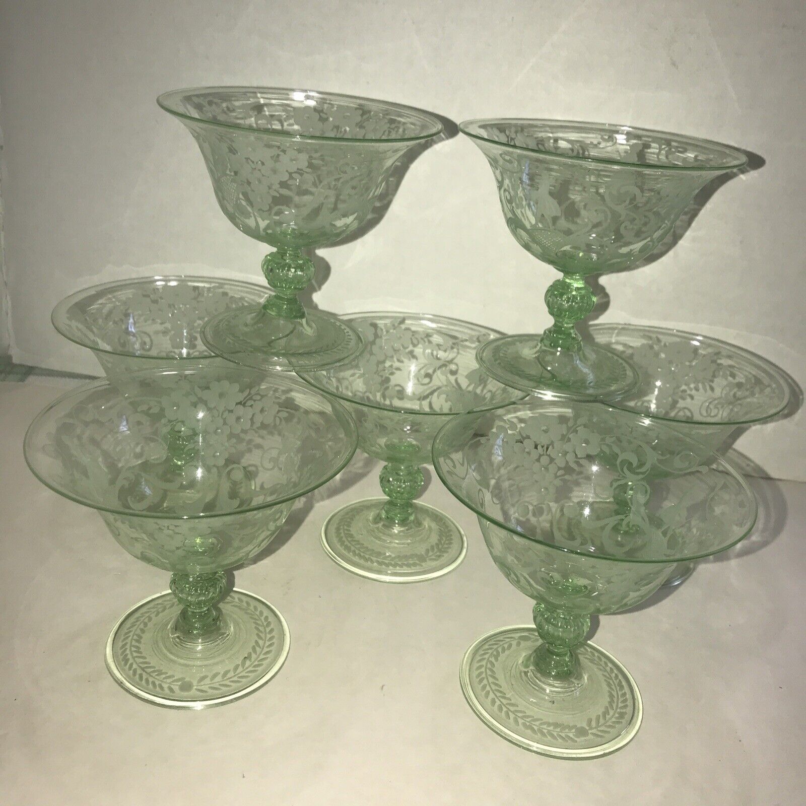 7 Blown Etched Low Champagne Sherbet Green Floral Victorian People