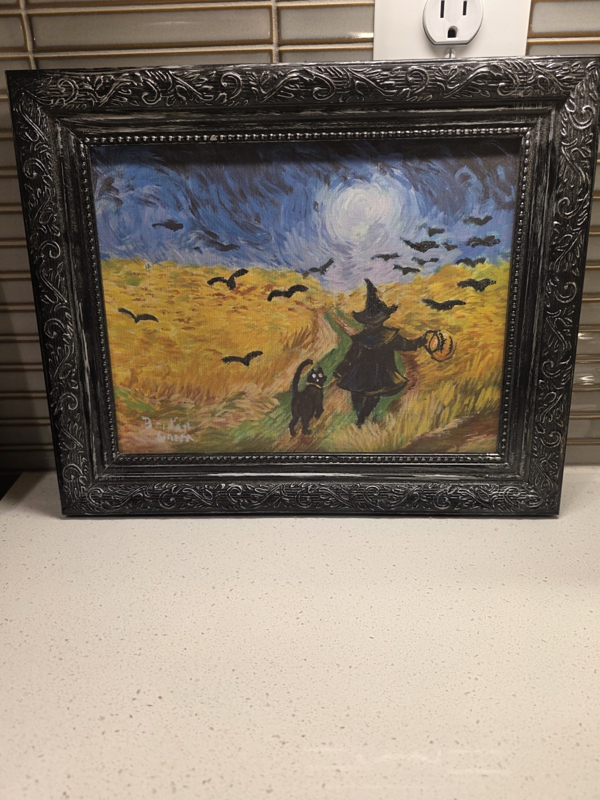VTG Pier 1 Van Ghost Painting Witch Black Cat In A Field 