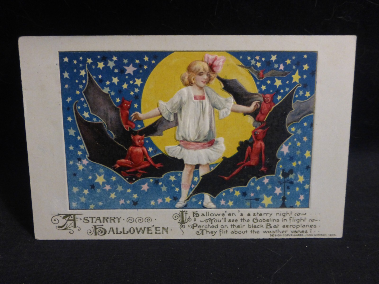 Winsch Halloween Postcard-Lovely Girl Walking With The Bats/ Little Red Devils