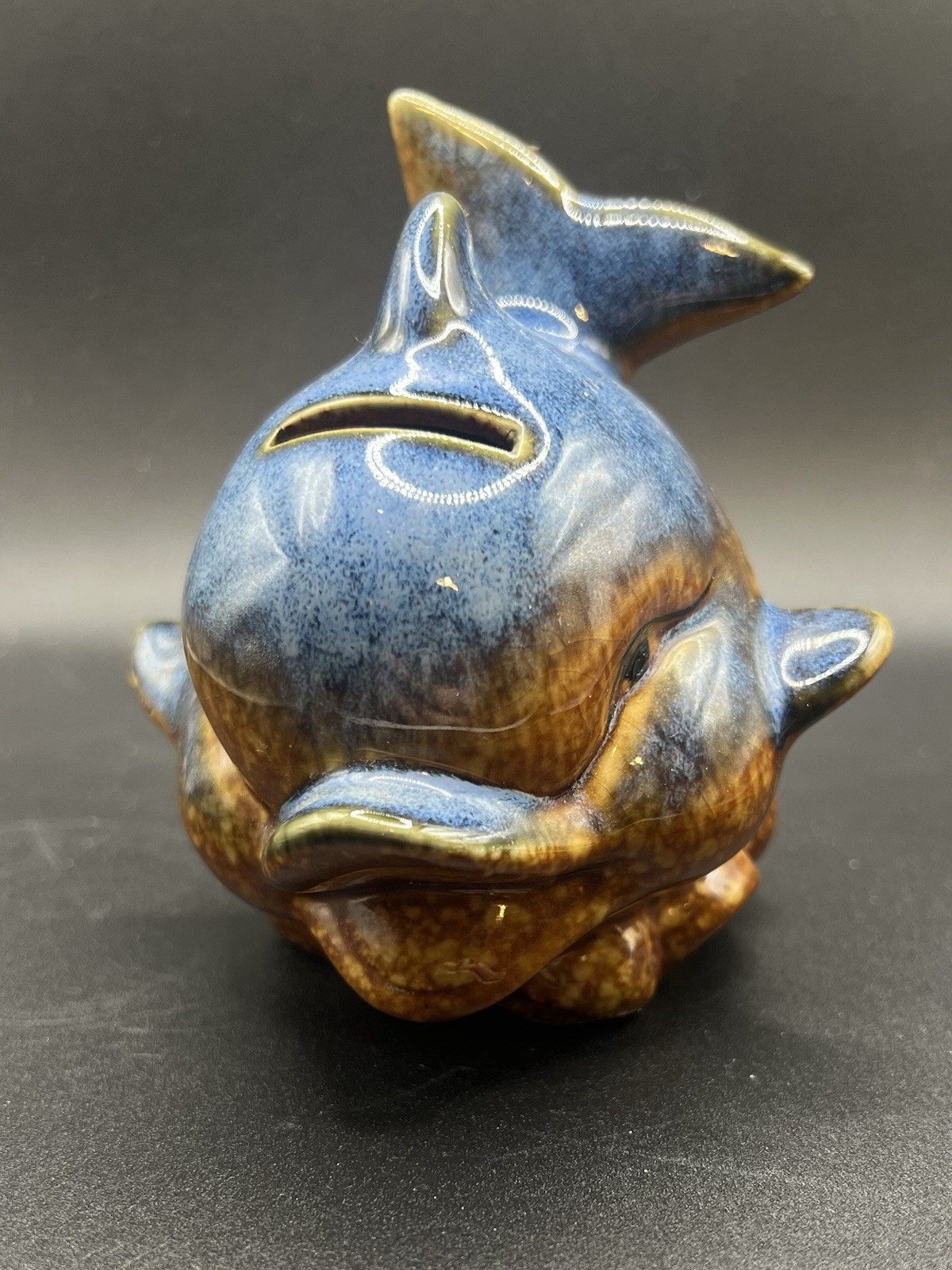 Pottery Dolphin bank with stopper vintage blue brown