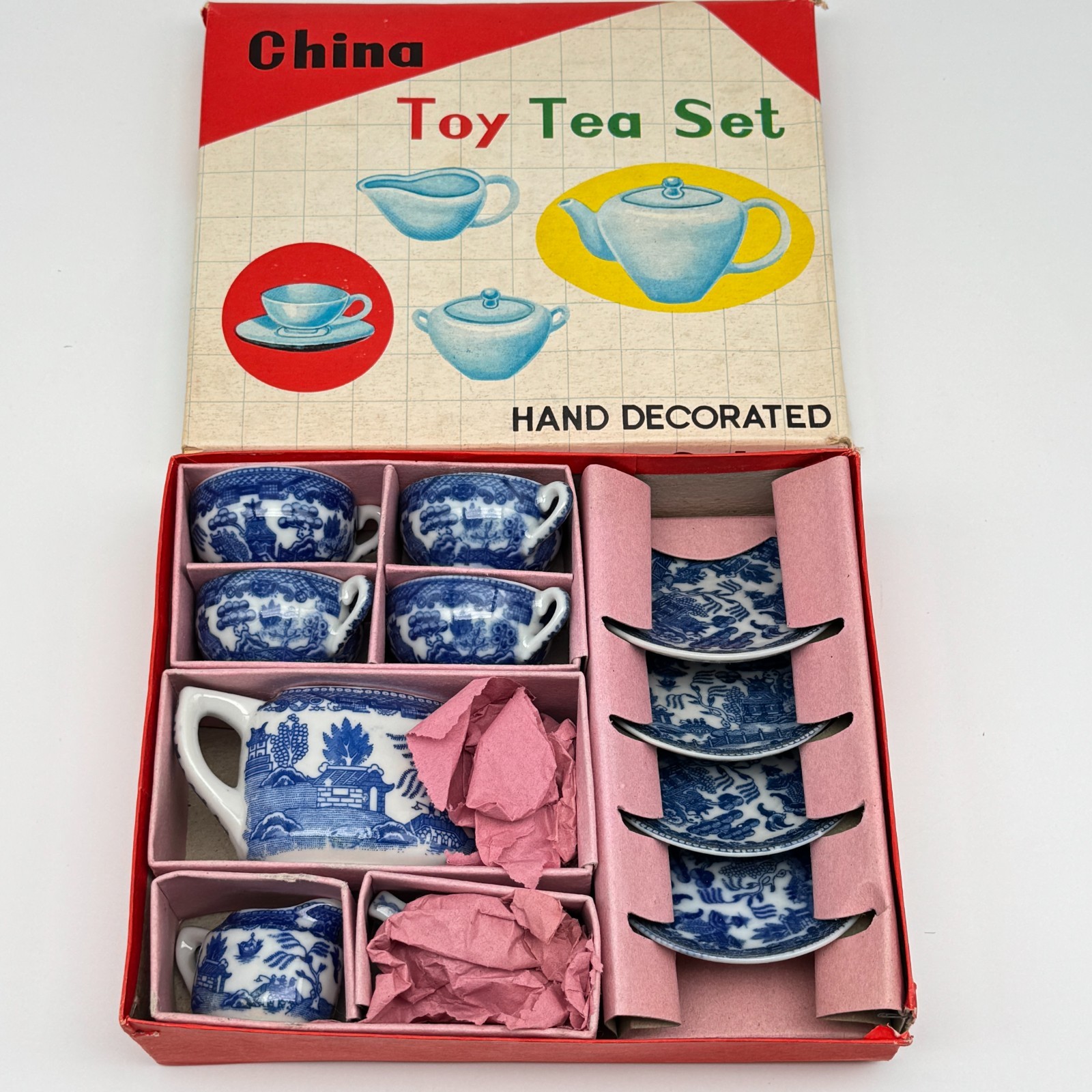 Vintage Blue Willow China Toy Tea Set Miniature Japan Original Box Complete 1950