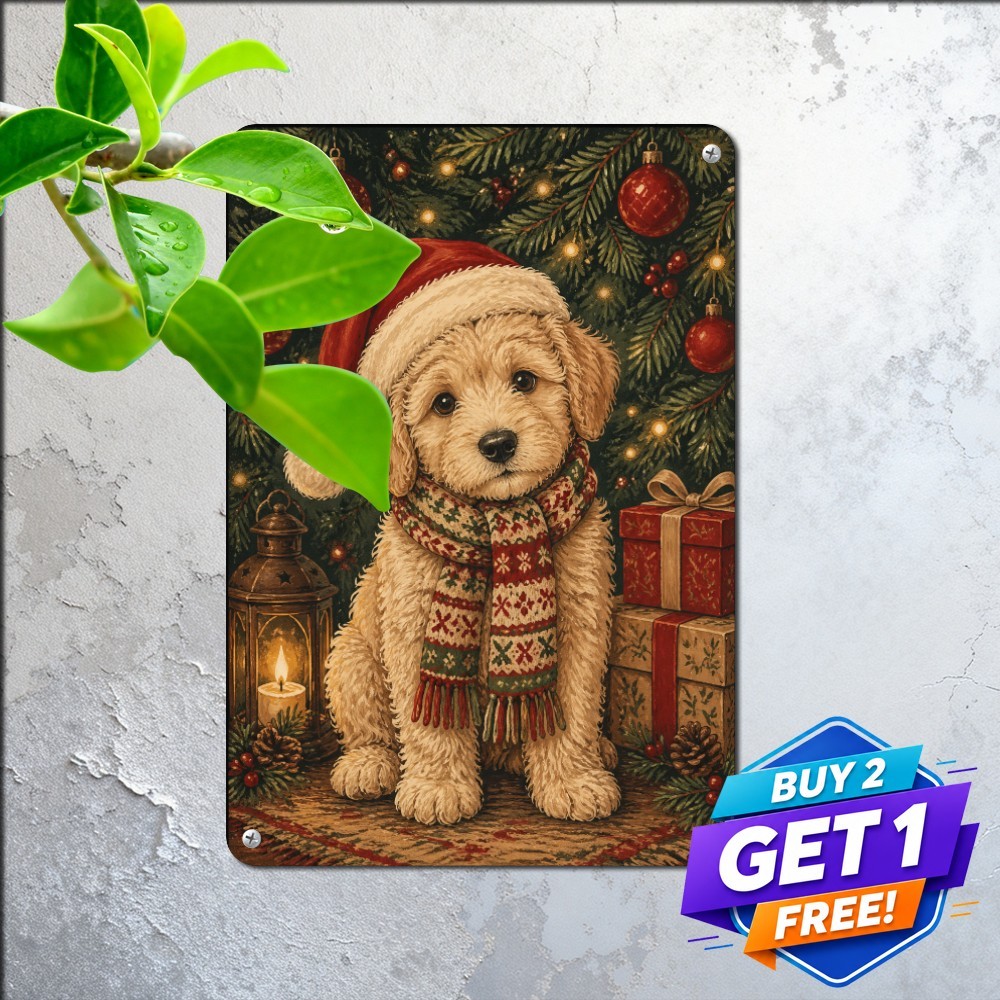 Festive Goldendoodle Dog Holiday Wreath Plaque Retro Metal Tin Sign 8x12