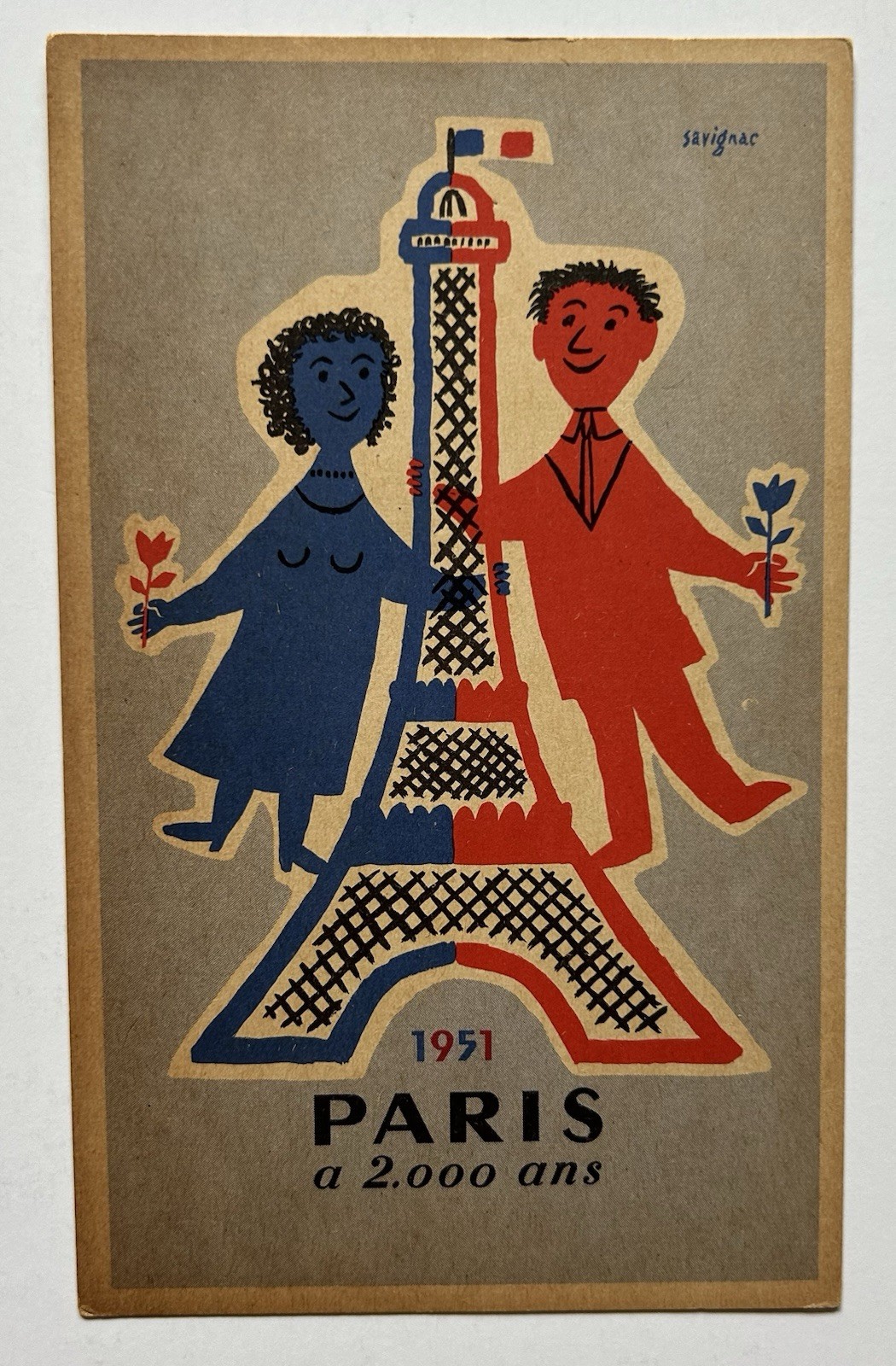 1951 Paris 2000 Ans Eiffel Tower Tricolor Modernist Art Postcard D9
