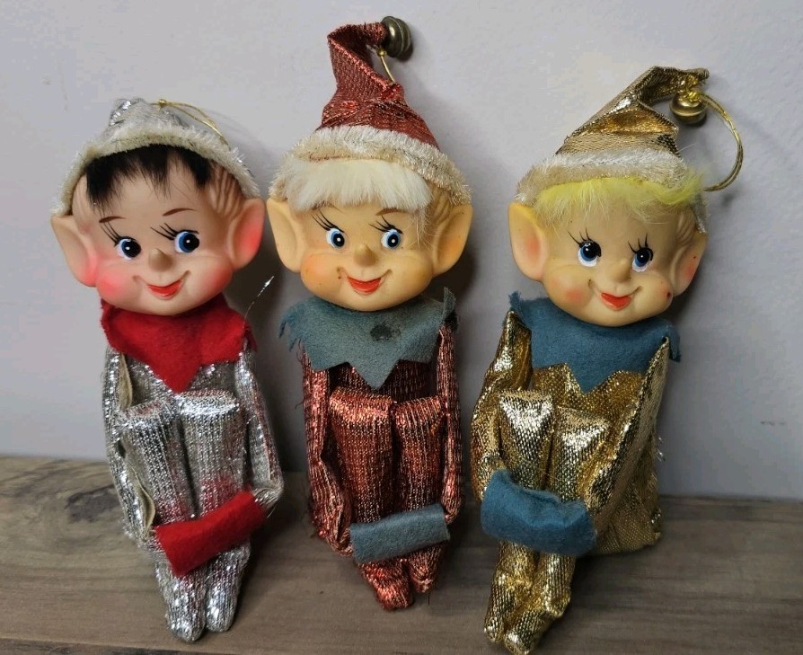 3 Vtg Christmas Knee Hugger Elf Metallic Gold Silver Red 1960s Pixie Elves MCM