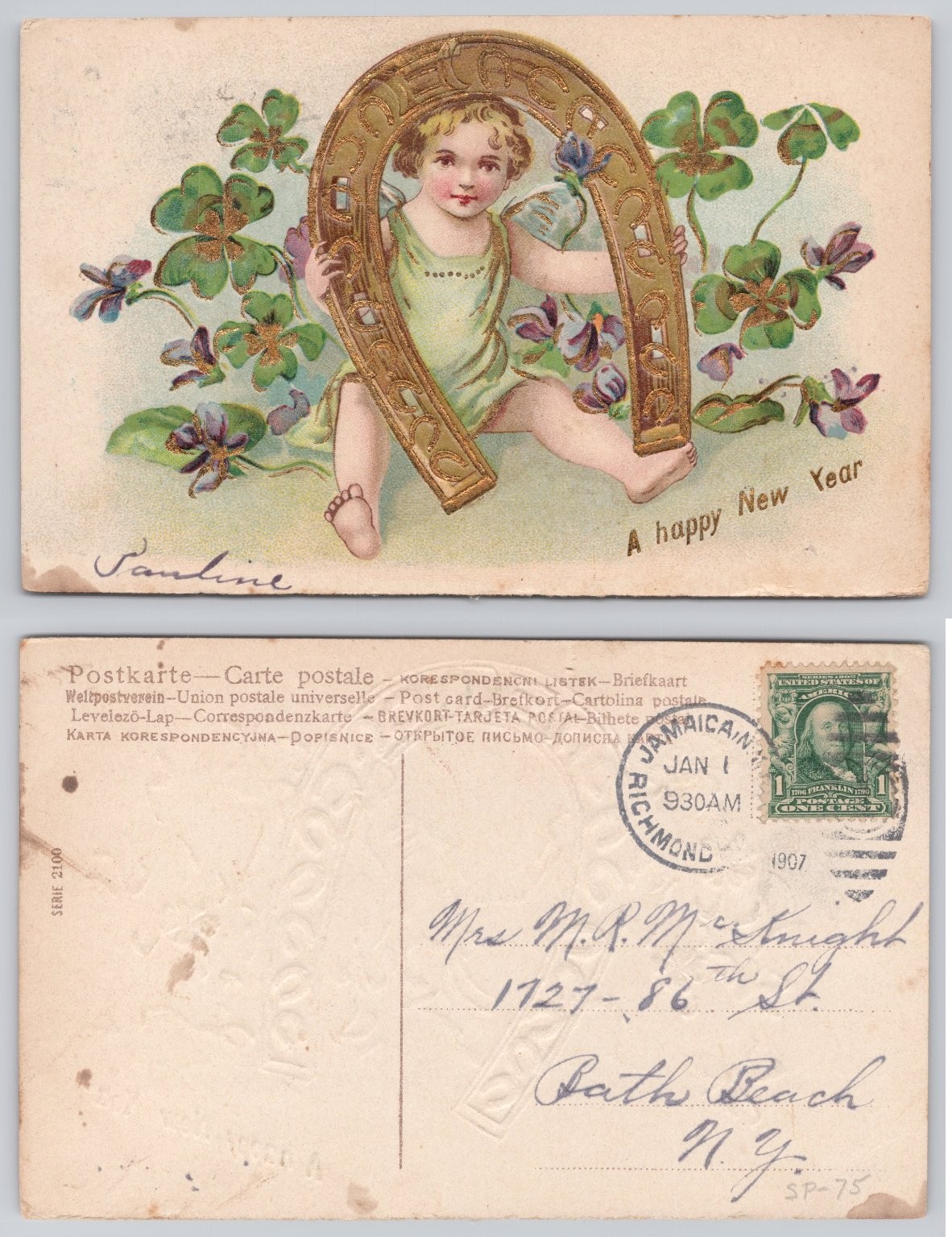 1907 New Year Cherub Horseshoe Violets Four Leaf Clover Embossed Glitter