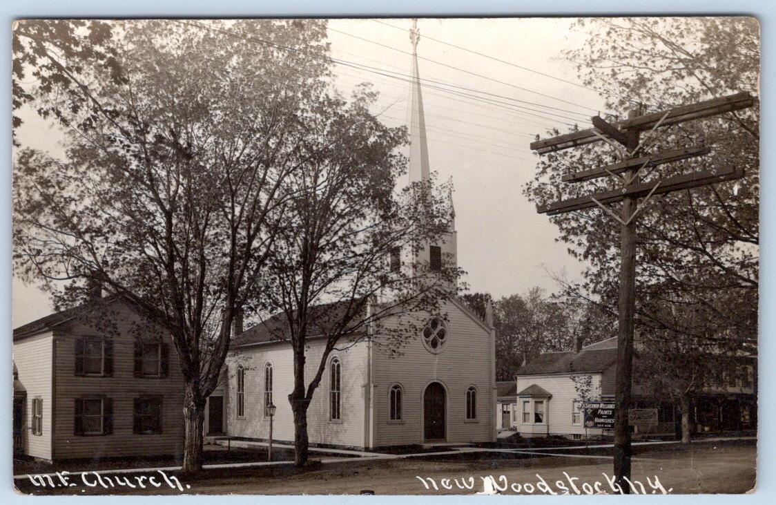 1911 RPPC NEW WOODSTOCK NEW YORK M. E. CHURCH*SHERWIN WILLIAMS PAINT SIGN