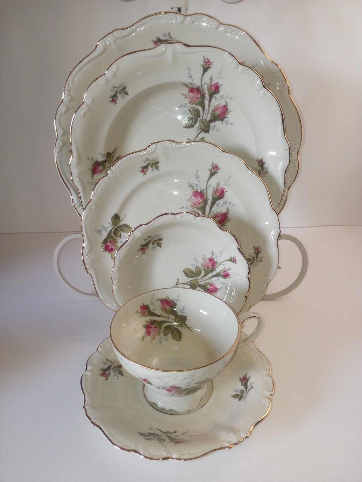 Vintage 42-piece Rosenthal Ivory Moss Rose Pompadour from Selb Germany China