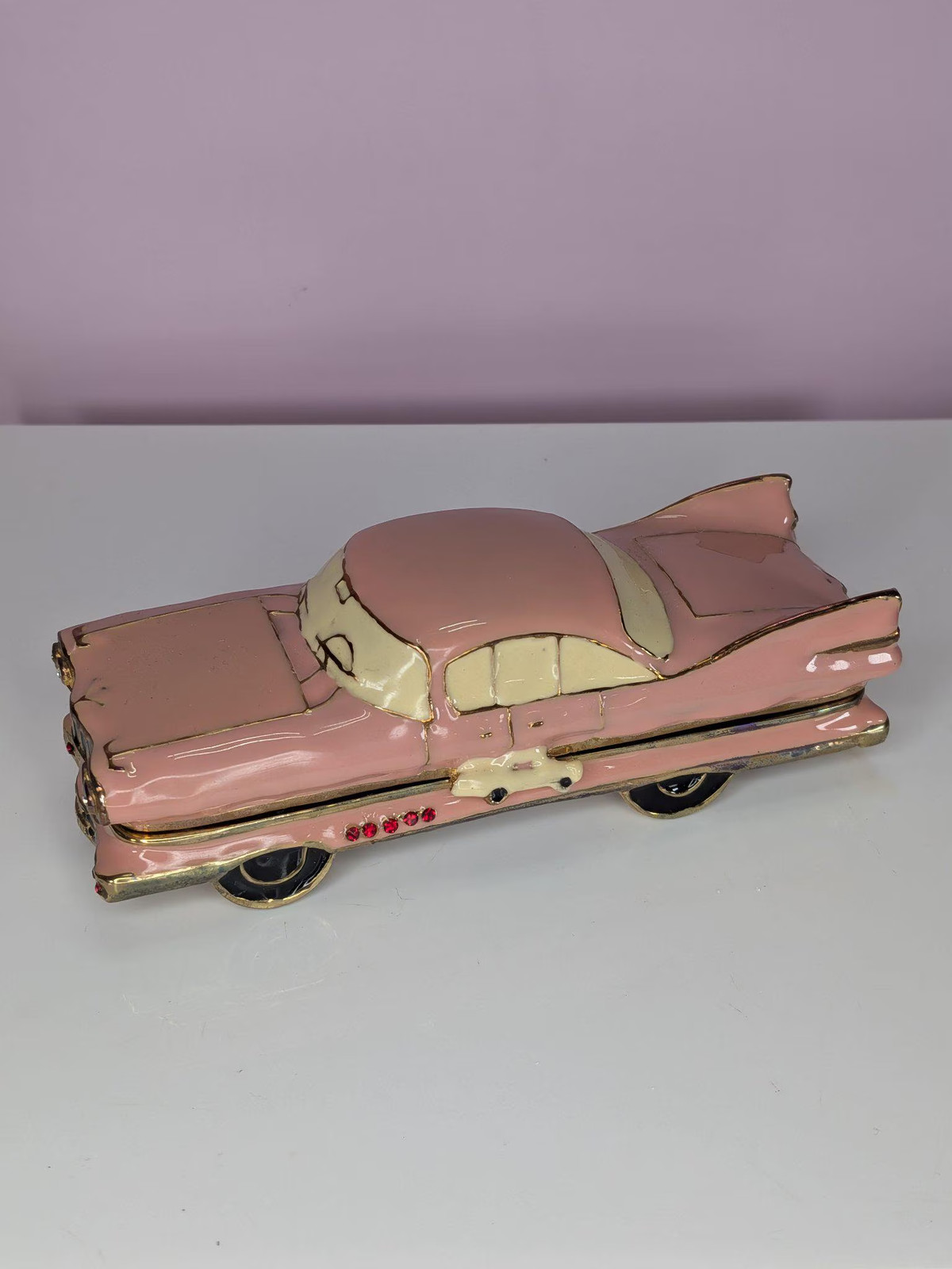 Vintage Pink 1959 Cadillac Enameled Metal Trinket Box Jeweled Hinged