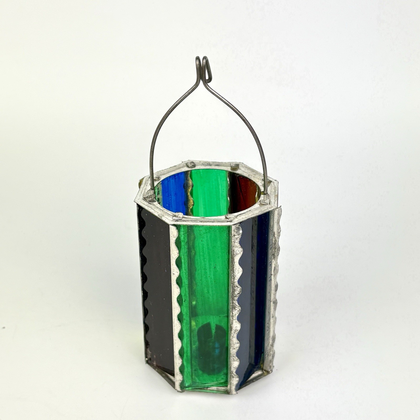 Antique German Christmas Hanging 8-Panel Stain Glass Tin Candle Tree Lantern
