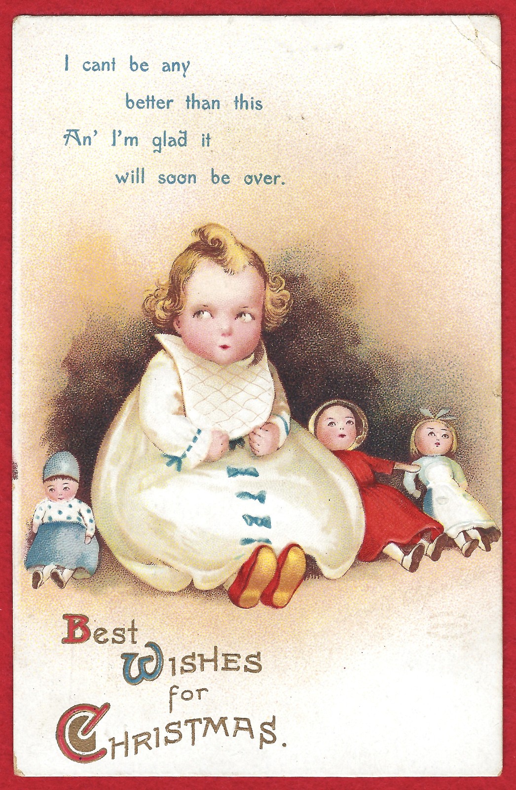 Vtg Clapsaddle Christmas Side Eye Baby Long White Dress Dolls A/S Emb PC 1912