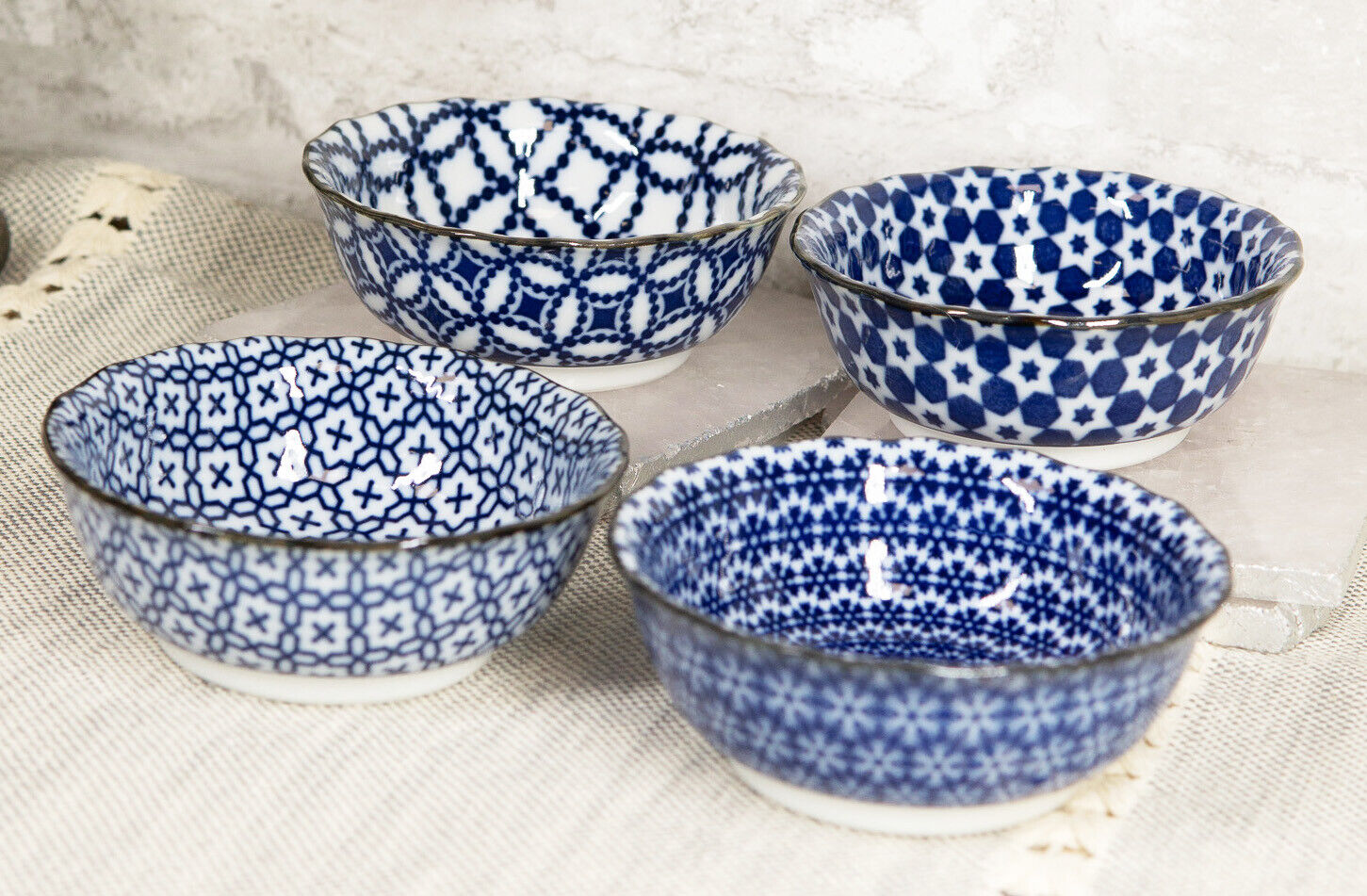 Ebros Made In Japan Multi Pattern Ceramic Sauce Appetizer Dipping Bowl Set of 4