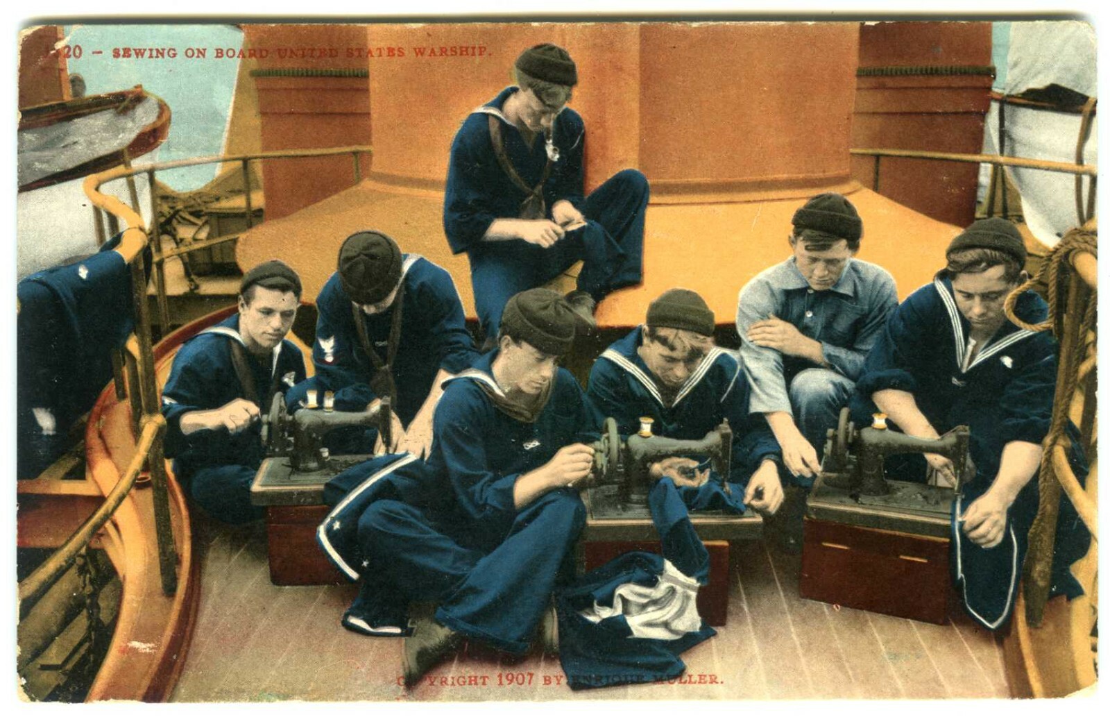 c.1907 U.S. NAVY SAILORS SEWING GARMETS on BOARD MILITARY SHIP~MITCHELL POSTCARD