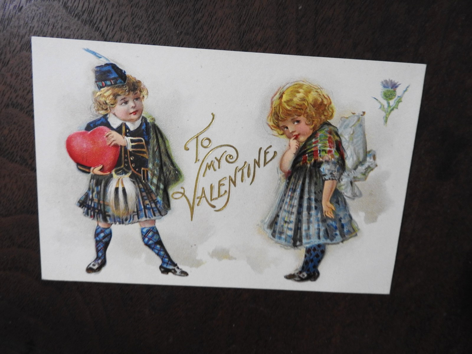 TO MY VALENTINE Postcard CUTE SCOTTISH BOY & GIRL, Tartan, Kilt EMBOSSED, NICE