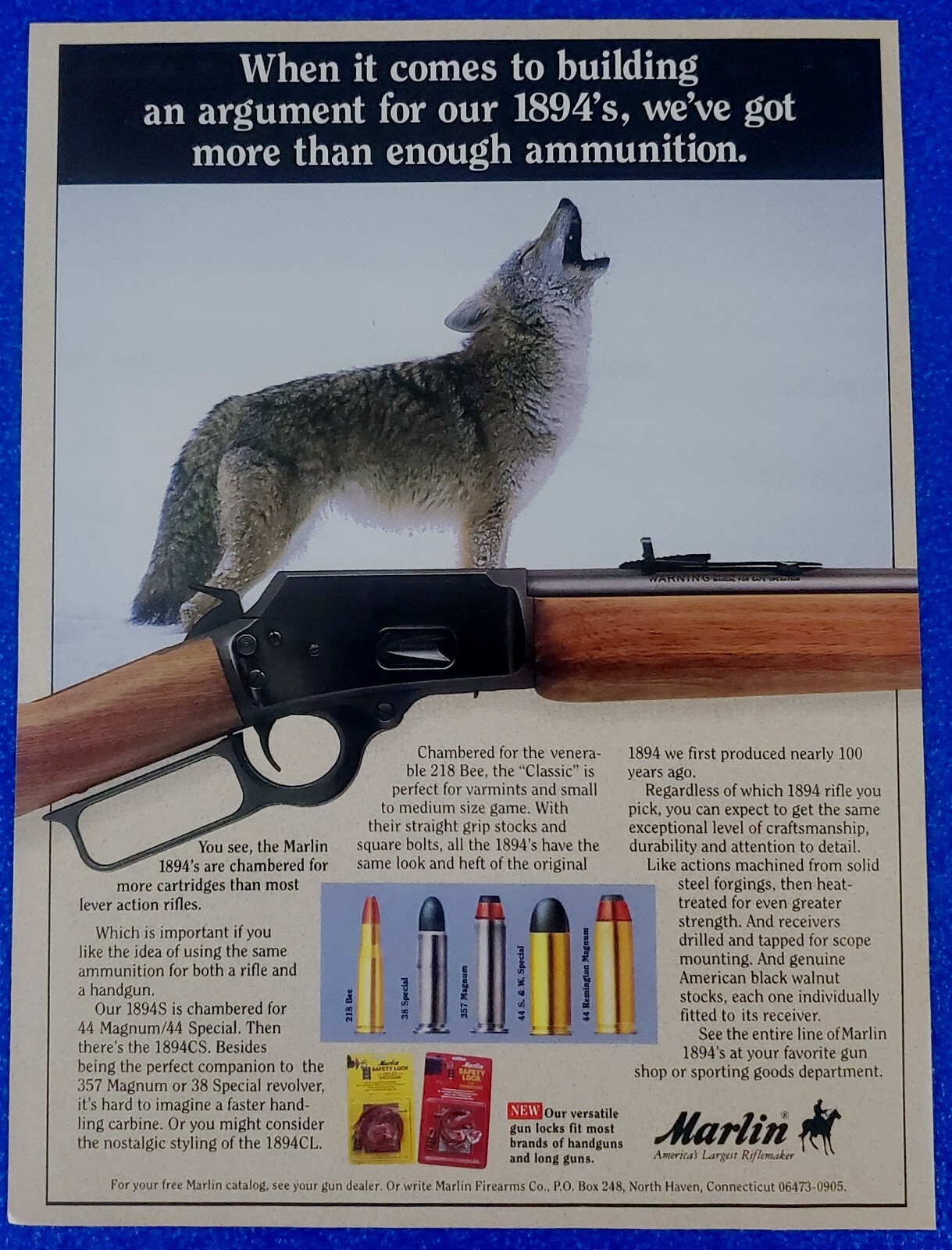 1993 MARLIN MODEL 1894 LEVER ACTION HUNTING RIFLE ORIGINAL PRINT AD PIN