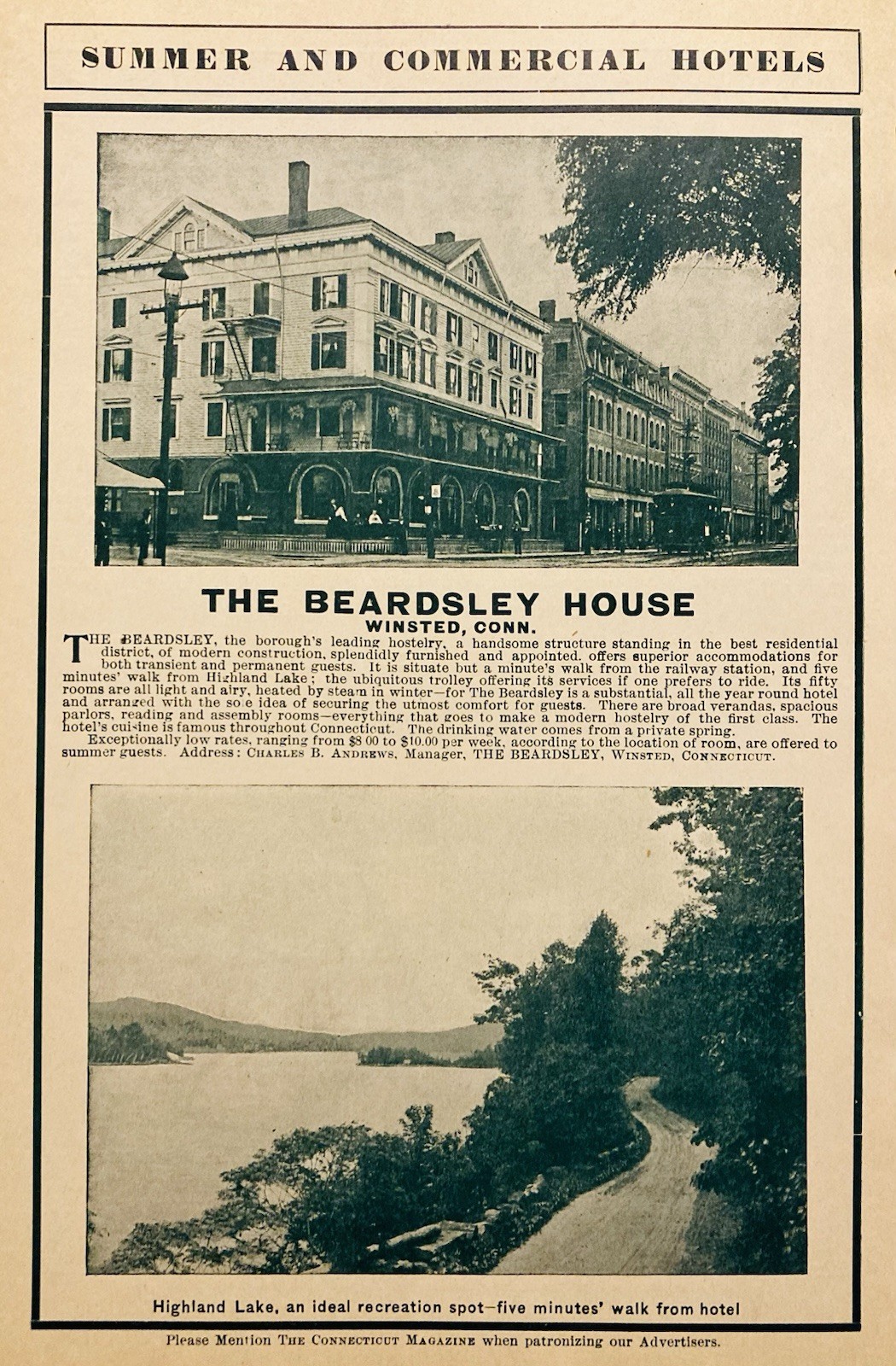 1904 AD.(N27)~THE BEARDSLEY HOUSE HOTEL AND HIGHLAND LAKE, WINSTED, CONN. 1904 AD.(N27)~THE BEARDSLEY HOUSE HOTEL AND HIGHLAND LAKE, WINSTED, CONN.