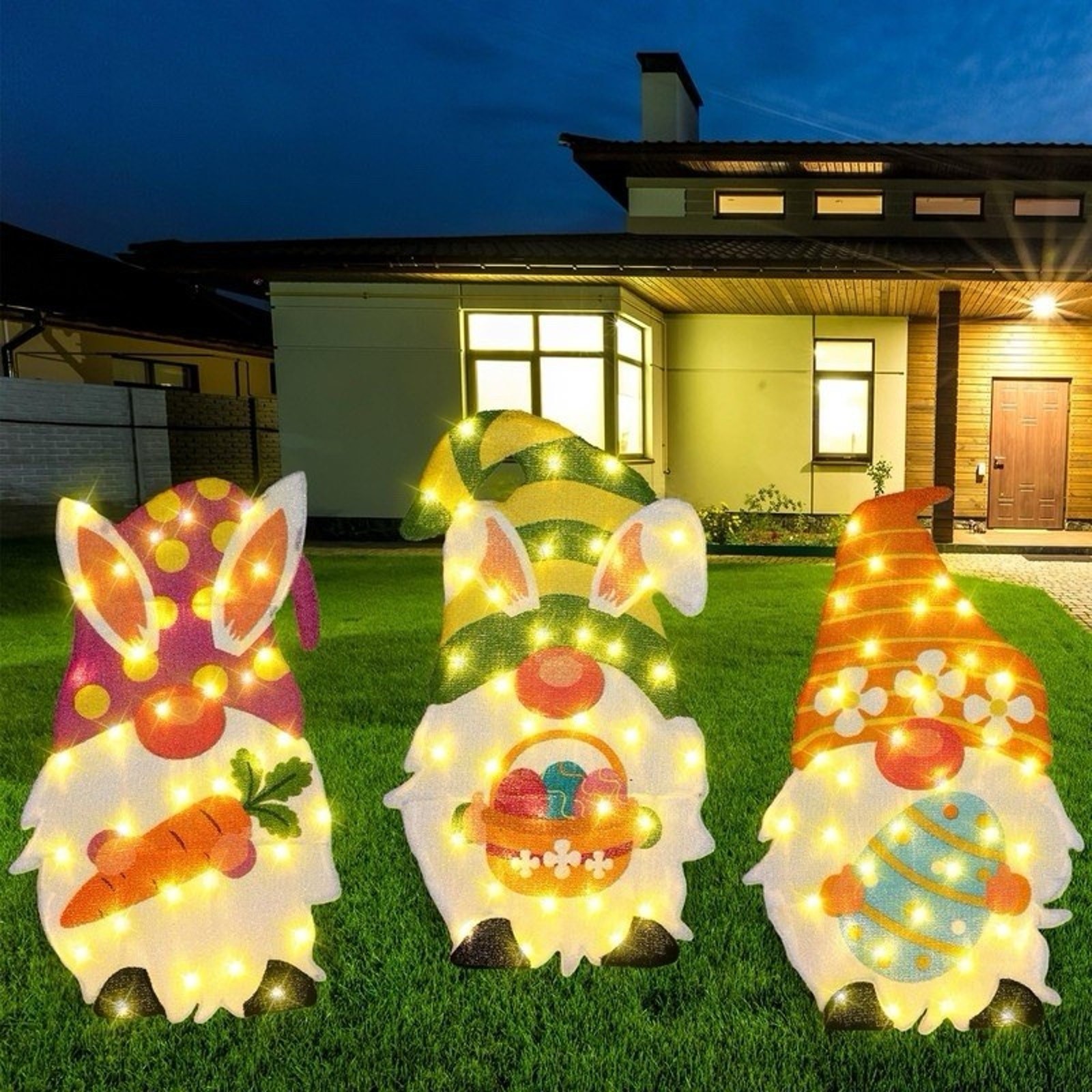 3Pcs EASTER Large Gnomes Lighted Sign Outdoor Tinsel 24x20 Inch 50 LED Gnome