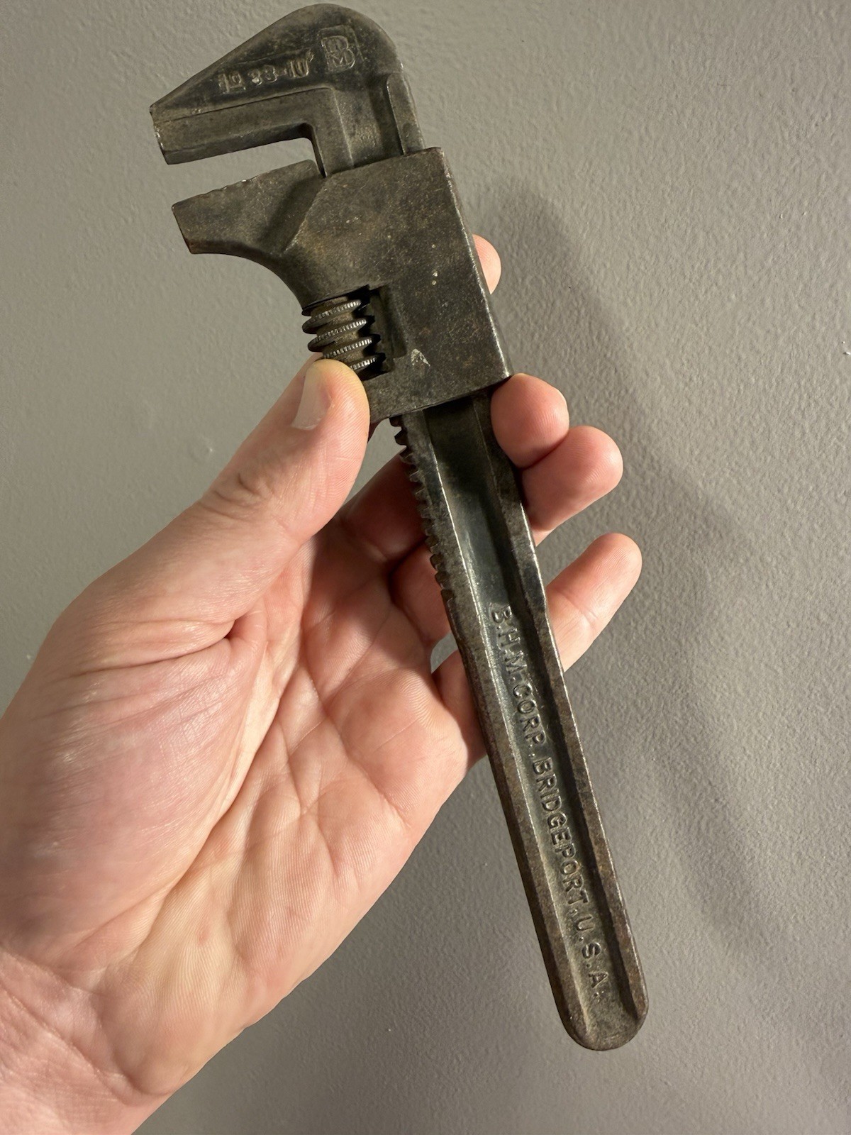 Vintage B.H.M. Corp Bridgeport USA No. 33-10 10” Adjustable Monkey / Auto Wrench