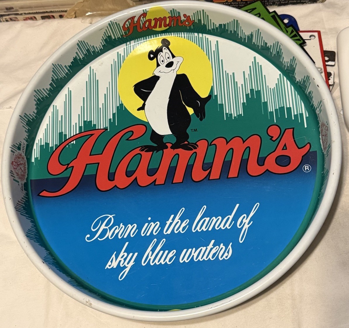 Vintage 1981 Hamm’s Beer Bear 13” Metal Serving Tray Sky Blue Waters Breweriana