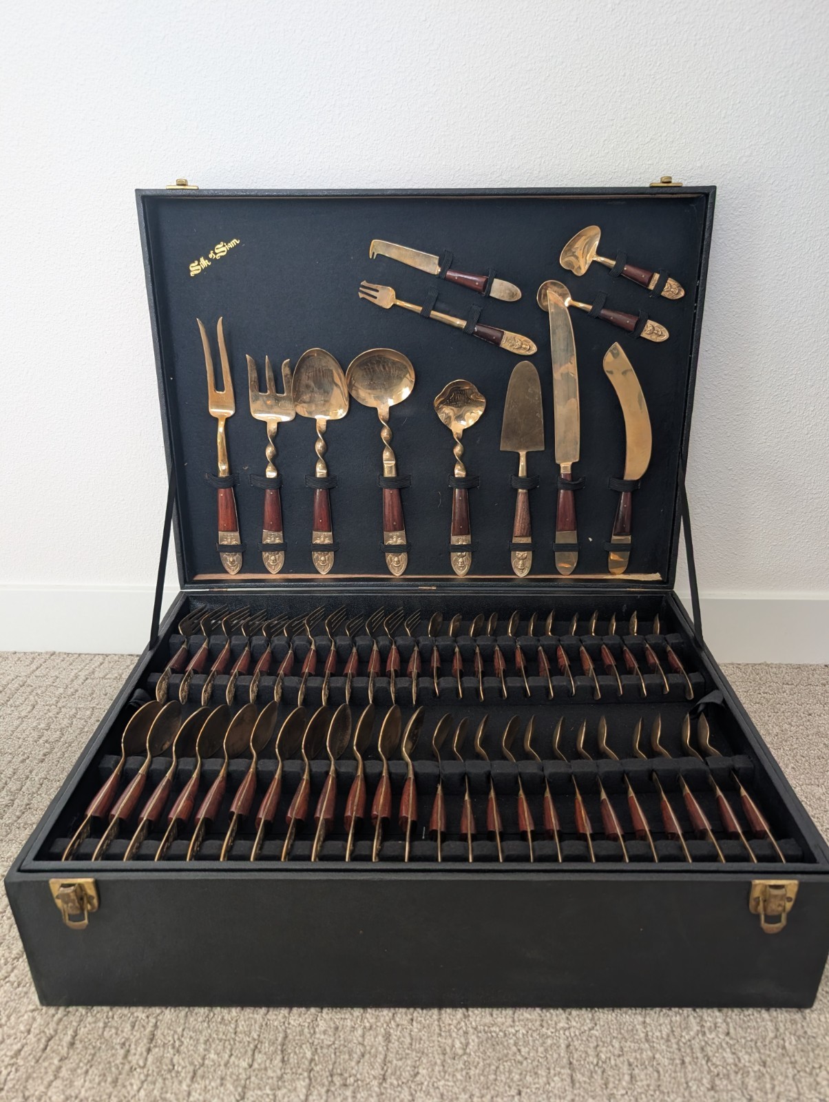 Vintage Silk of Siam Bronze Flatware Set 147 Pc Service for 12 Thailand Case
