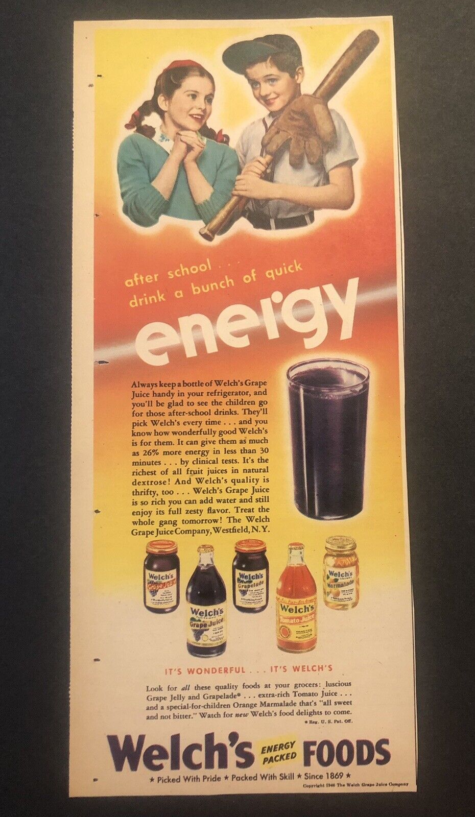 1940’s Welch’s Juice & Foods Grape Juice Company Colored Magazine Ad