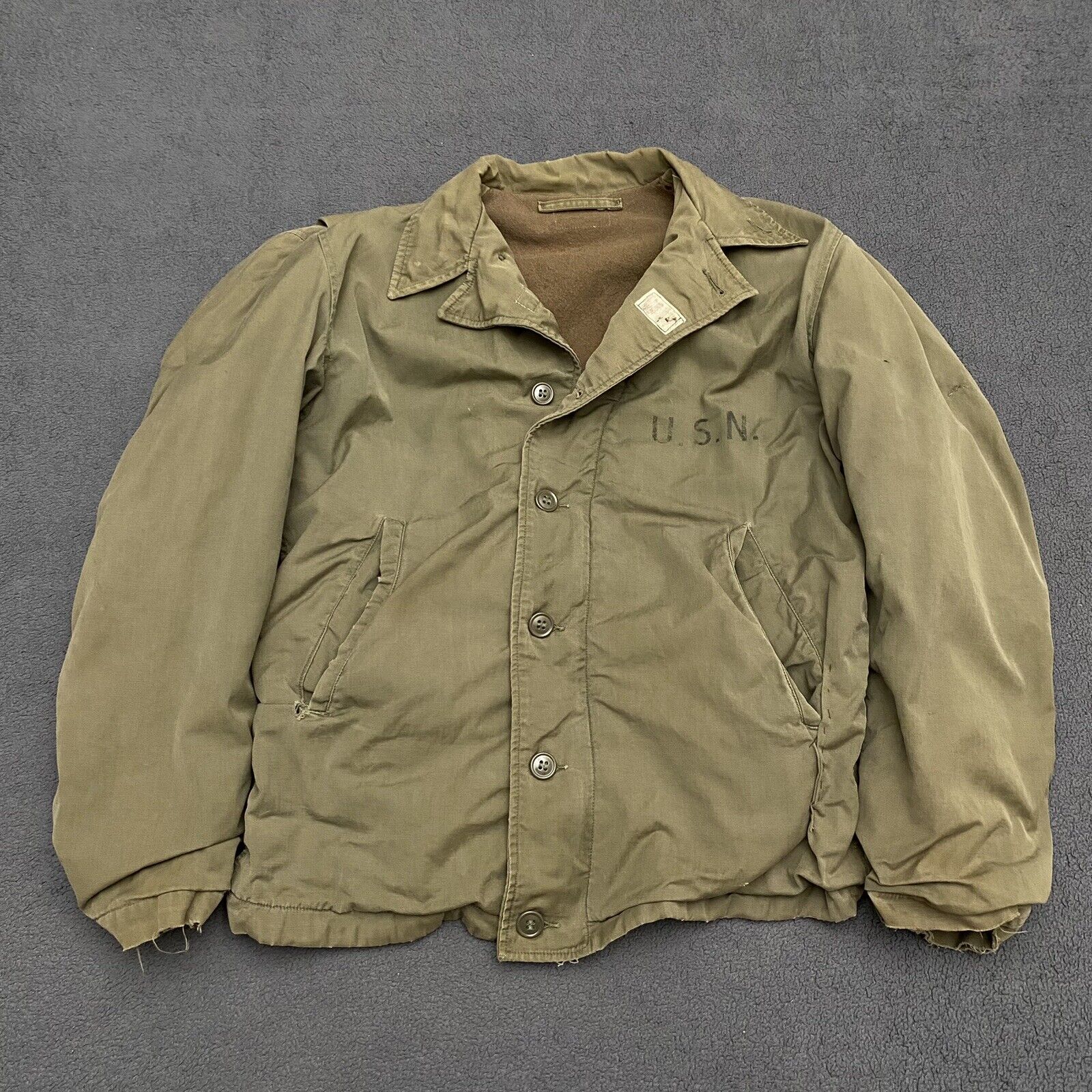 Vintage WWII USN Navy Deck Jacket N-4 Field Coat Small-Medium Lined Green 1940s