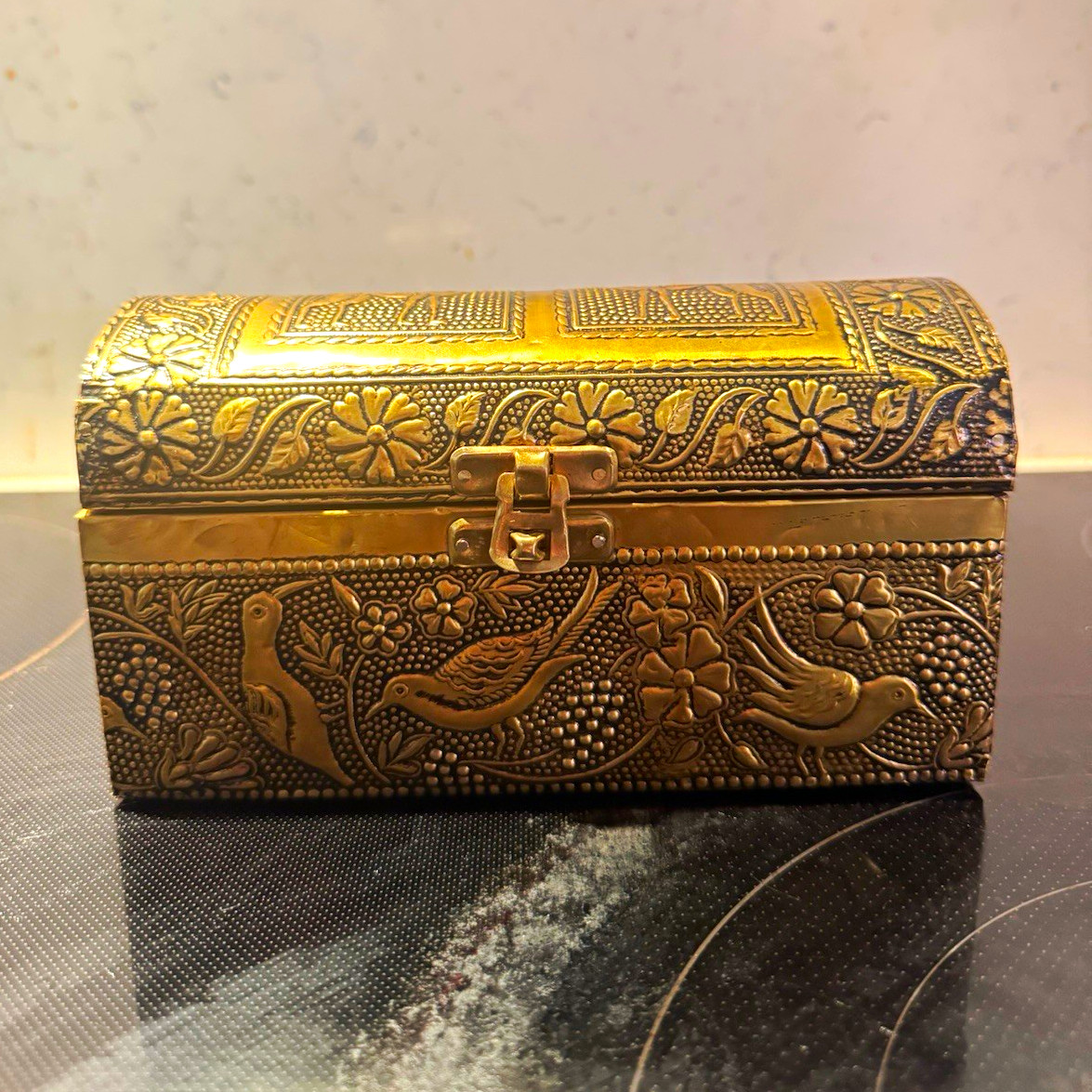 Vintage Copper Wood Jewelry Box Embellished with Camels/ Birds Small Trinket Box