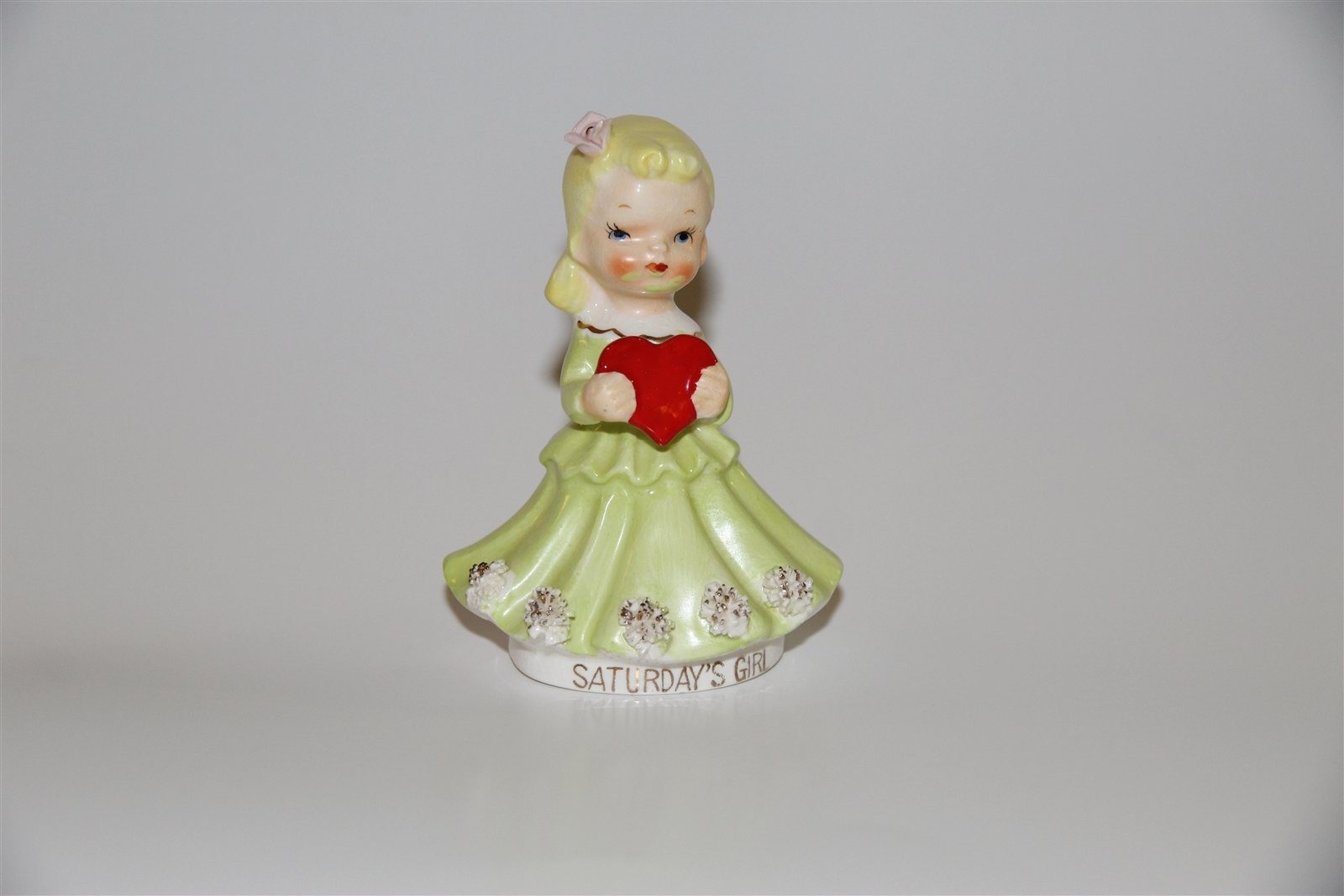 Vintage Saturday\'s Girl Figurine Japan Spaghetti Trim Green Dress Red Heart