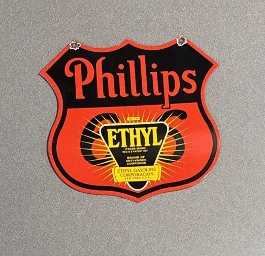VINTAGE 12” PHILLIPS ROUTE 66 ETHYL PORCELAIN SIGN CAR GAS OIL TRUCK MOTORCYCLE