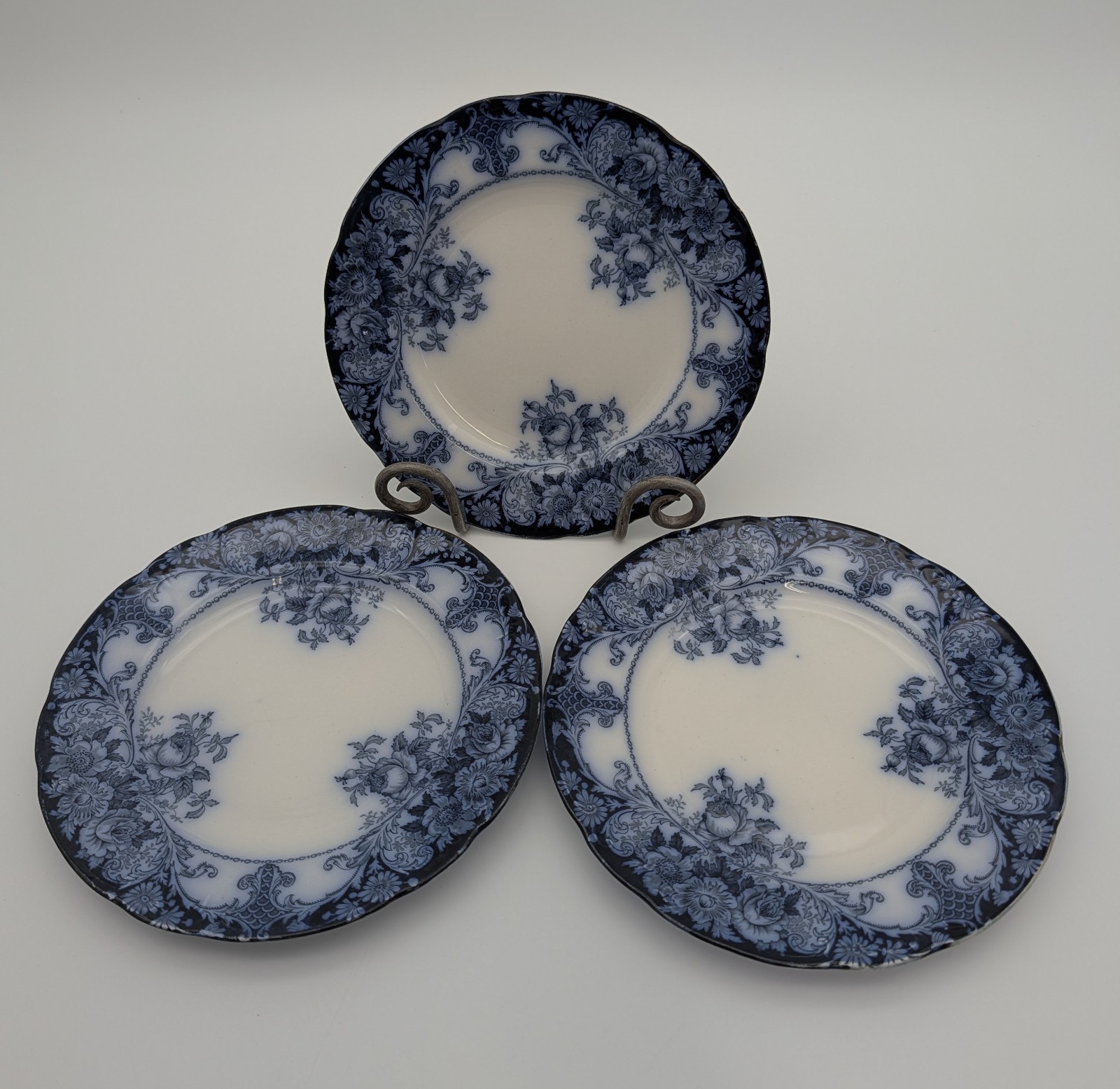 Set of 3 Vintage Flow Blue Floral 9” Round Plates
